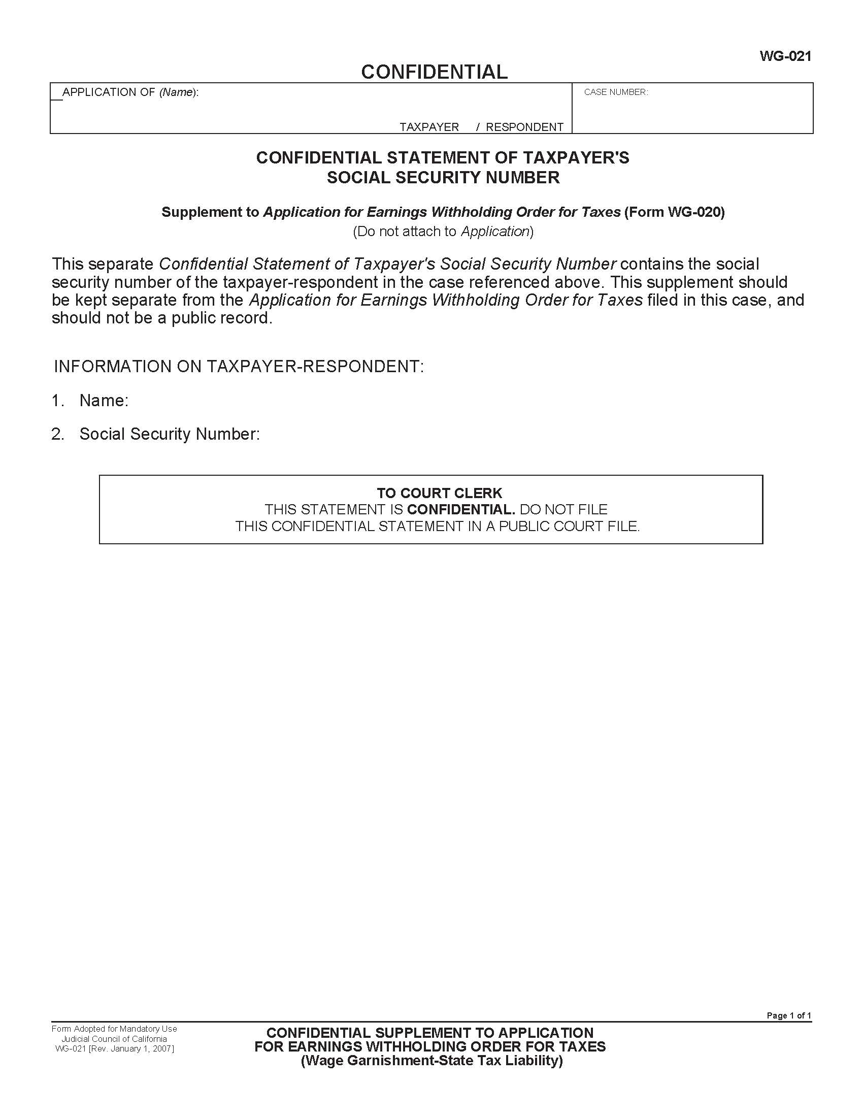 Confidential Supplement To Application For Earnings Withholding Order For Taxes {WG-021} | Pdf Fpdf Doc Docx | California