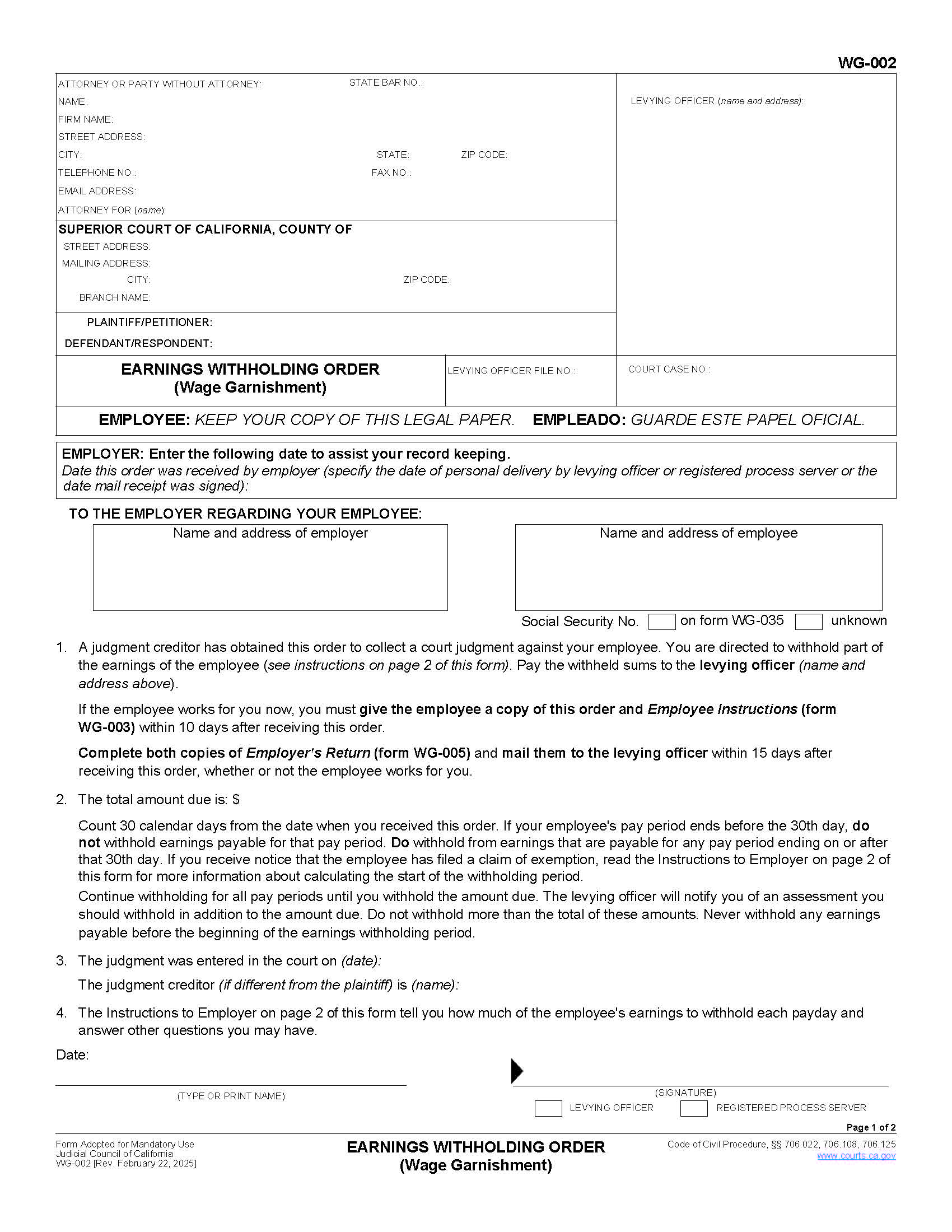 Earnings Withholding Order {WG-002} | Pdf Fpdf Doc Docx | California