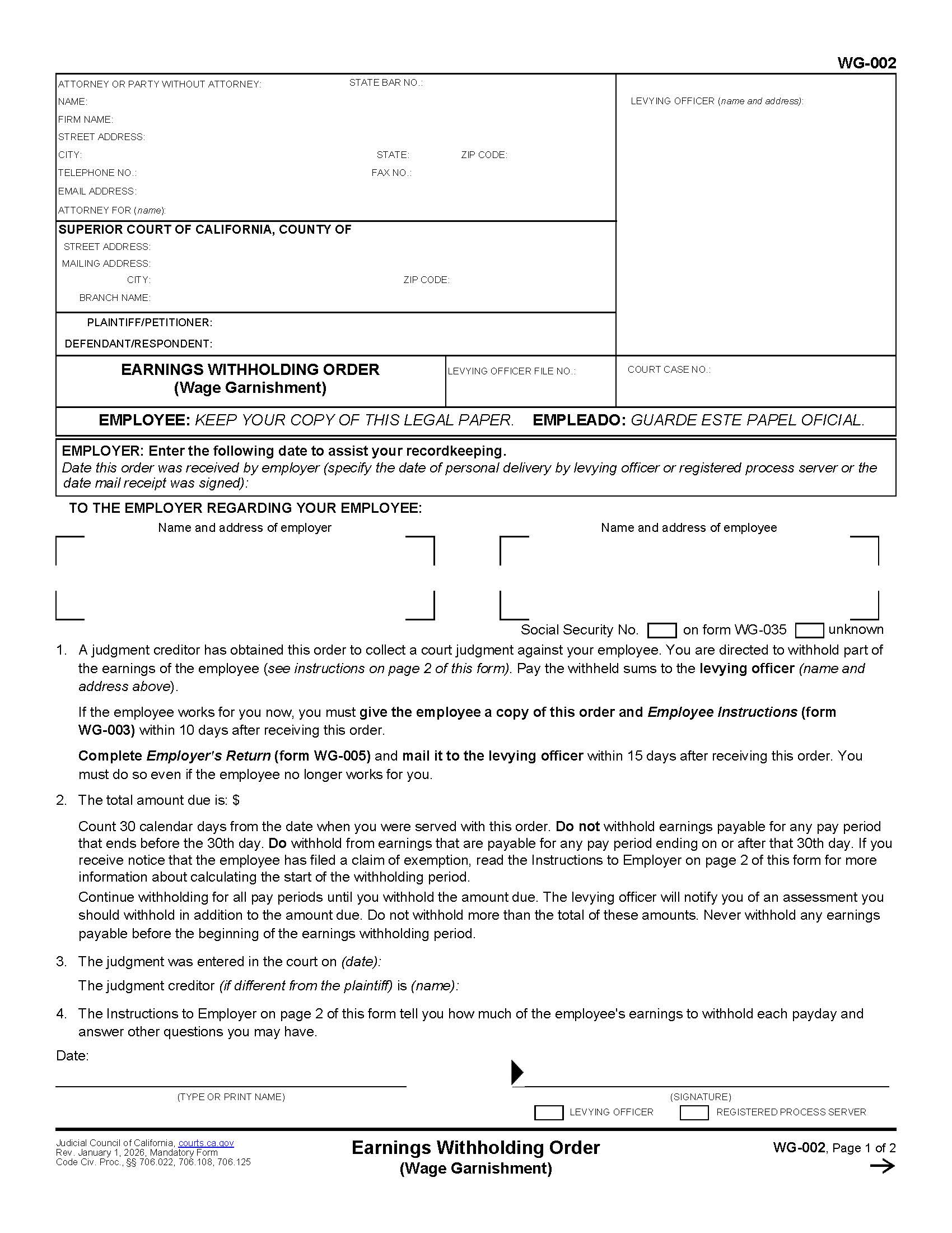 Earnings Withholding Order {WG-002} | Pdf Fpdf Doc Docx | California