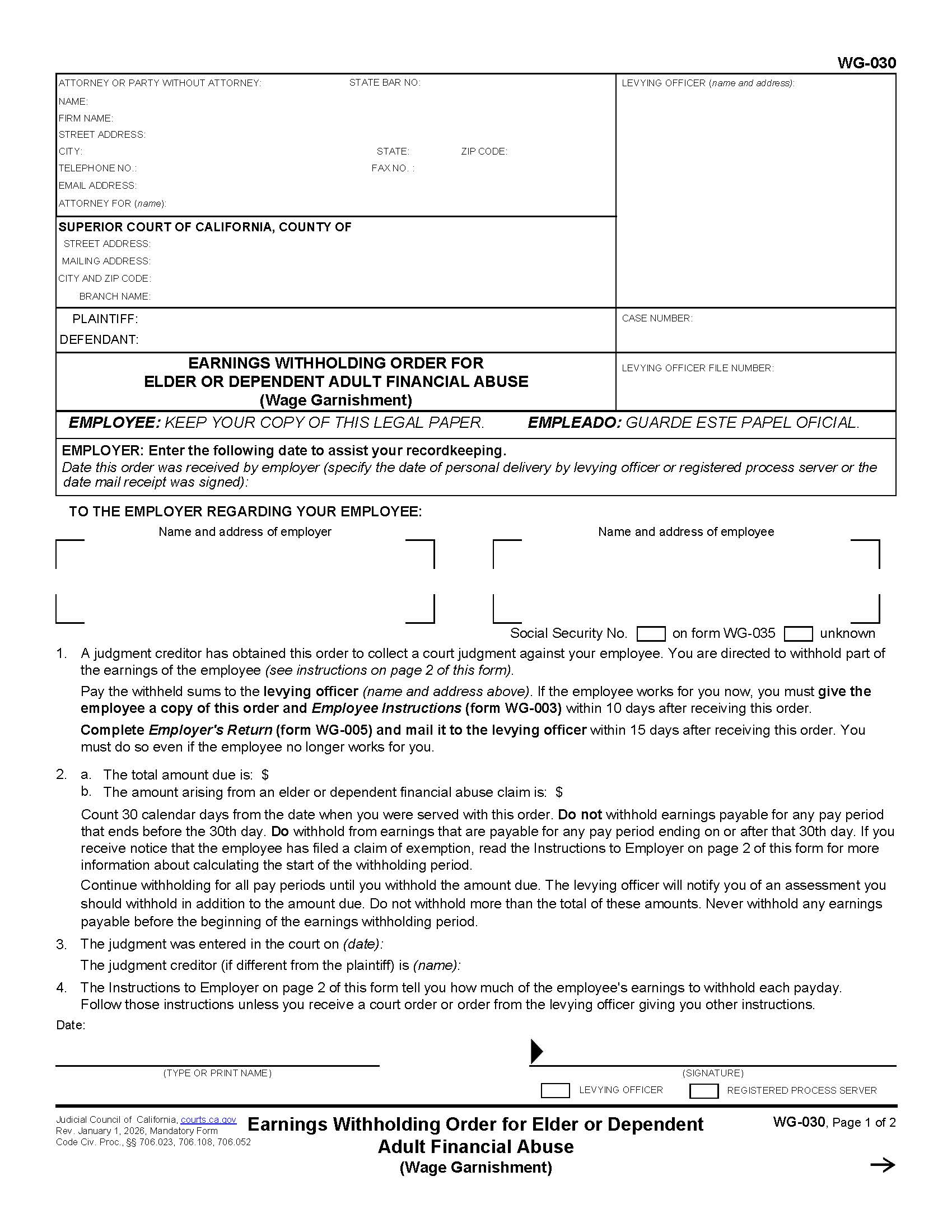 Earnings Withholding Order For Elder And Dependent Adult Financial Abuse {WG-030} | Pdf Fpdf Doc Docx | California