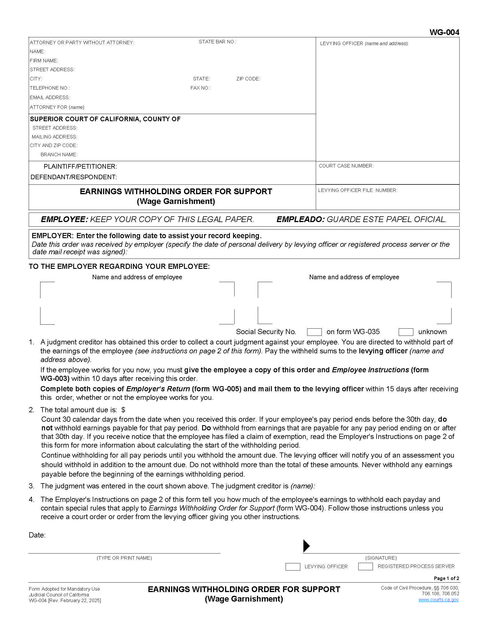 Earnings Withholding Order For Support {WG-004} | Pdf Fpdf Doc Docx | California