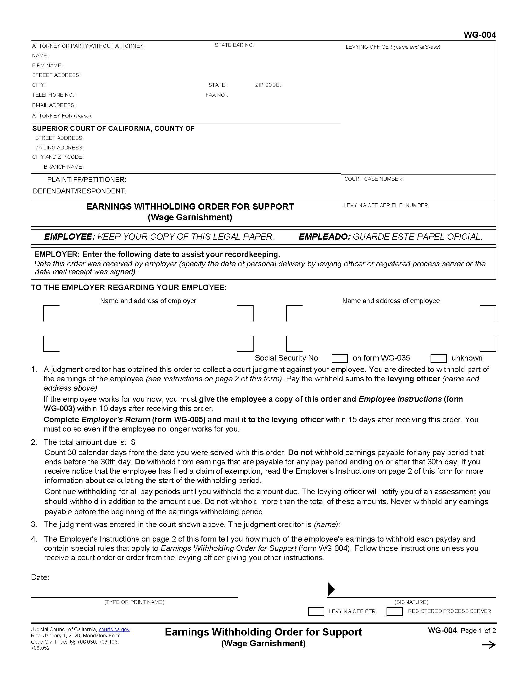 Earnings Withholding Order For Support {WG-004} | Pdf Fpdf Doc Docx | California