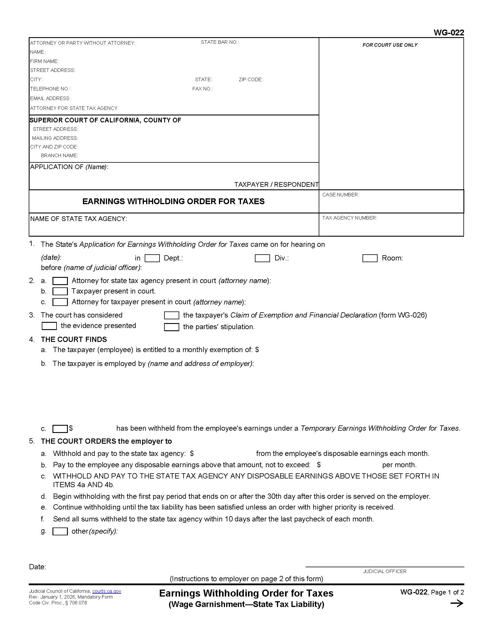 Earnings Witholding Order For Taxes {WG-022} | Pdf Fpdf Doc Docx | California