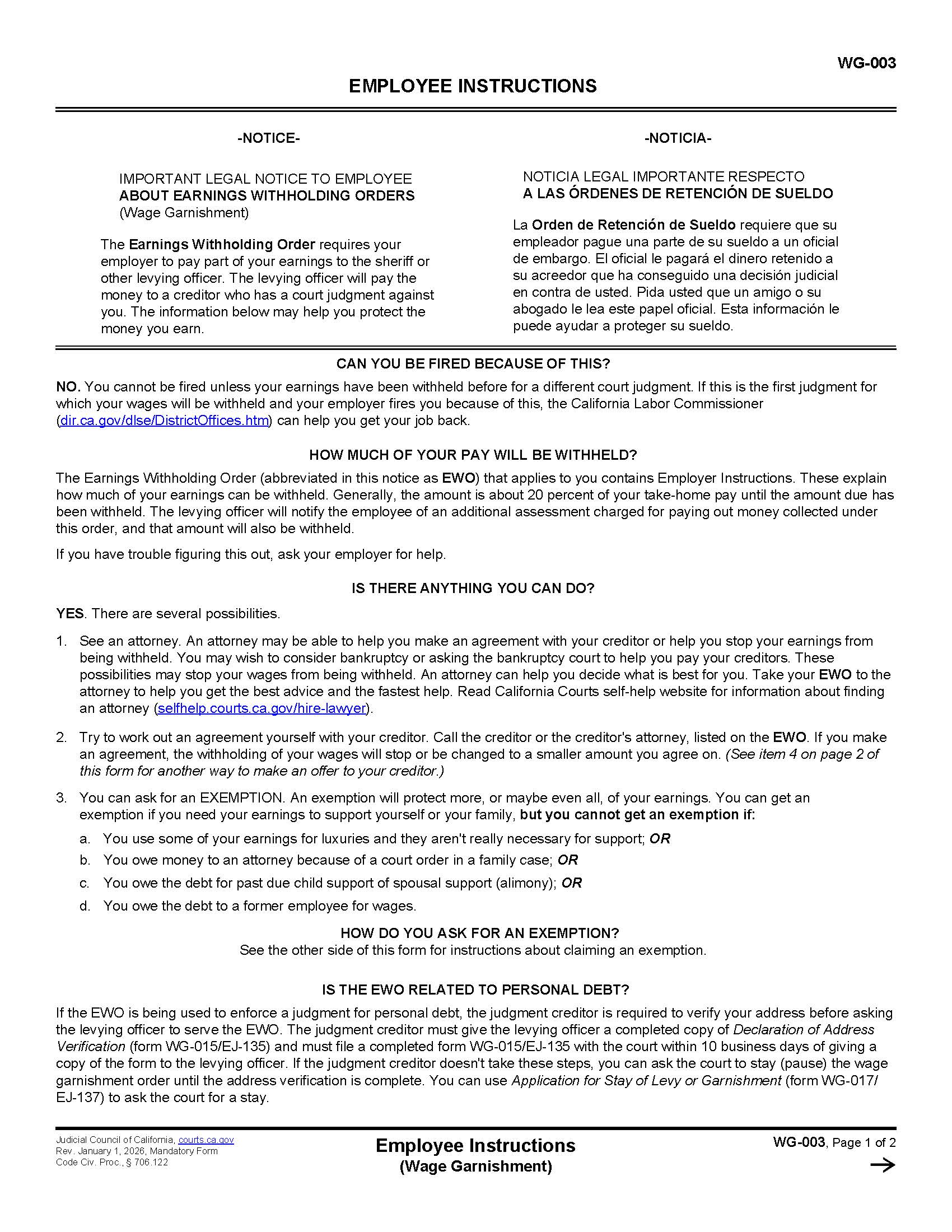 Employee Instructions (Wage Garnishment) {WG-003} | Pdf Fpdf Doc Docx | California