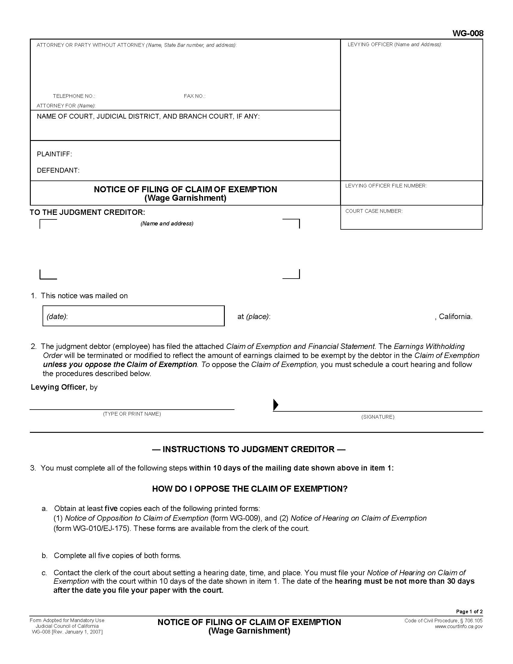 Notice Of Filing Of Claim Of Exemption {WG-008} | Pdf Fpdf Doc Docx | California