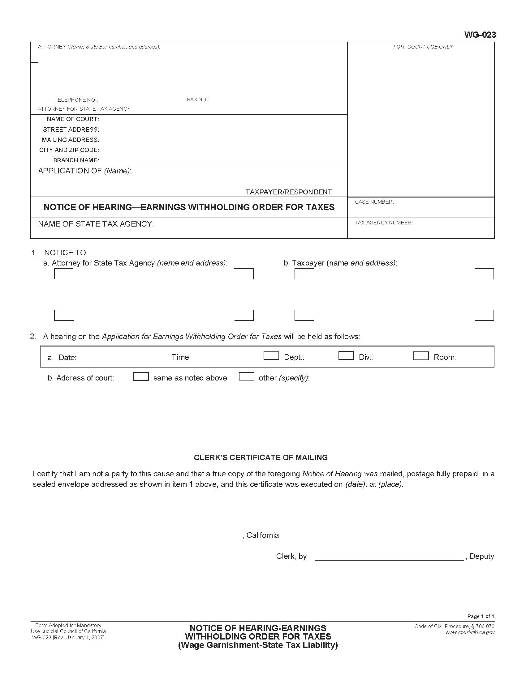 Notice Of Hearing Earnings Withholding Order For Taxes {WG-023} | Pdf Fpdf Doc Docx | California