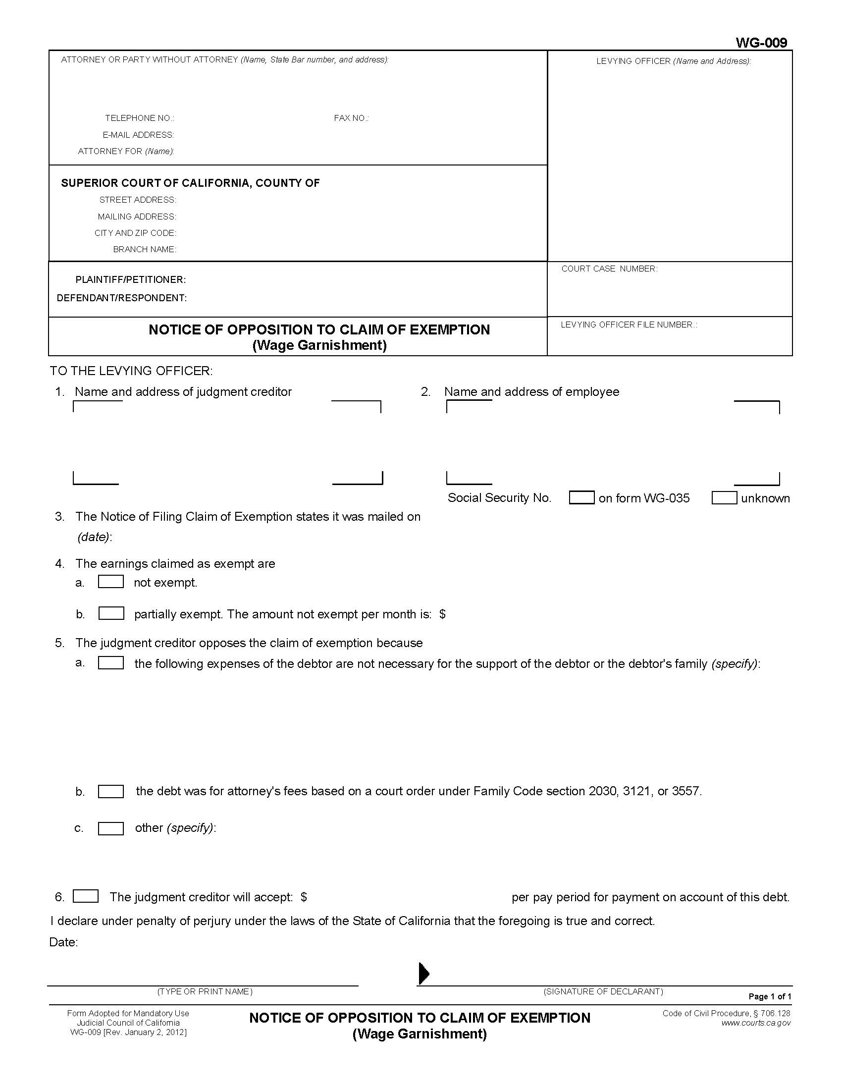 Notice Of Opposition To Claim Of Exemption {WG-009} | Pdf Fpdf Doc Docx | California