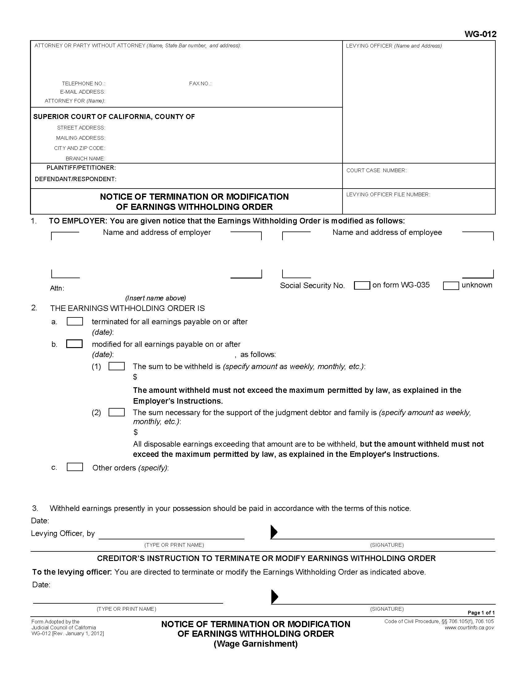 Notice Of Termination Or Modification Of Earnings Withholding Order {WG-012} | Pdf Fpdf Doc Docx | California