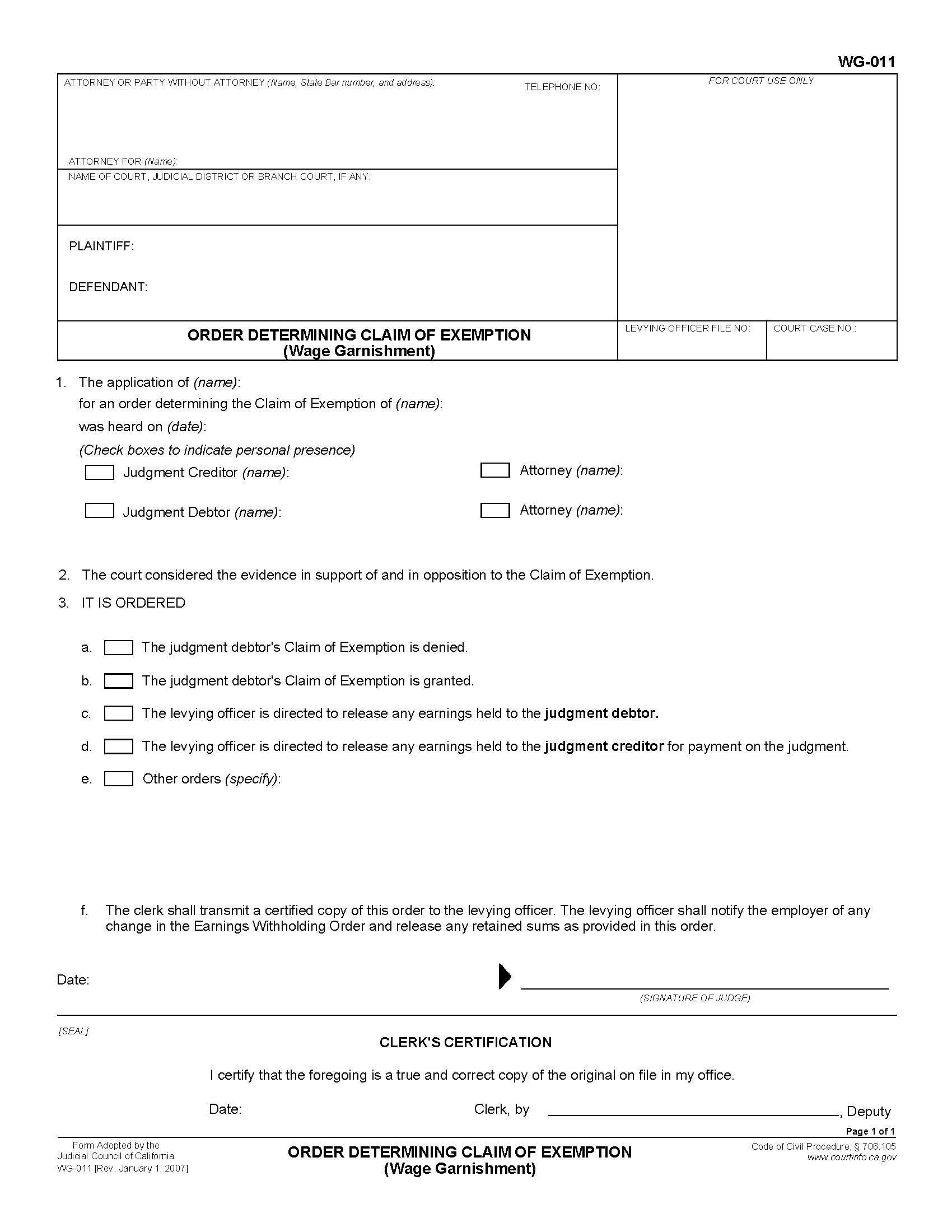 Order Determining Claim Of Exemption (Wage Garnishment) {WG-011} | Pdf Fpdf Doc Docx | California