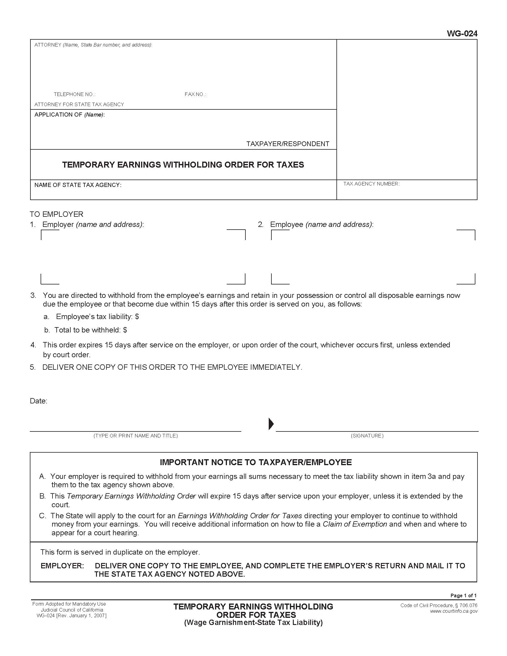 Temporary Earnings Withholding Order For Taxes {WG-024} | Pdf Fpdf Doc Docx | California