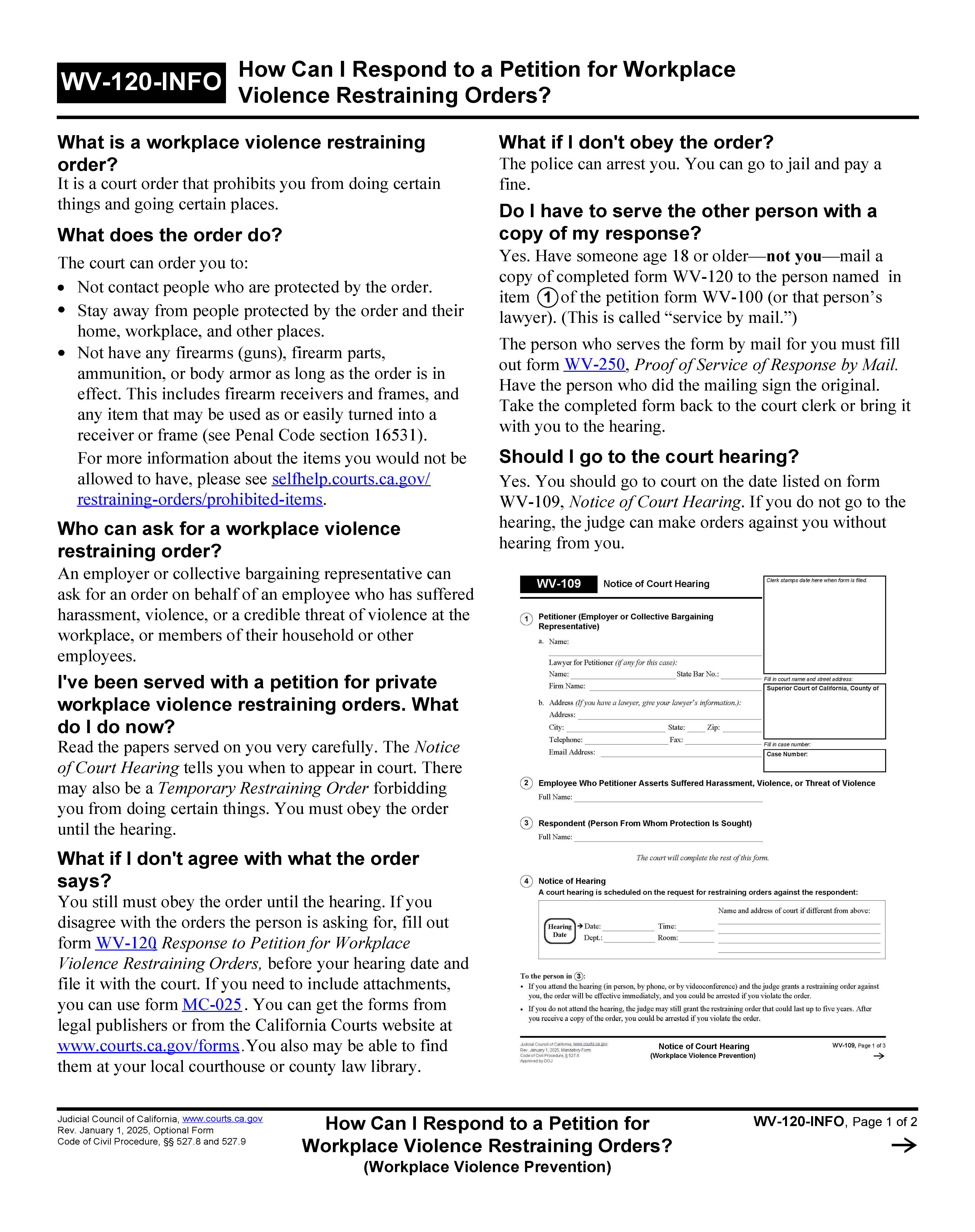 How Can I Respond To A Petition For Workplace Violence Restraining Orders {WV-120-INFO} | Pdf Fpdf Doc Docx | California