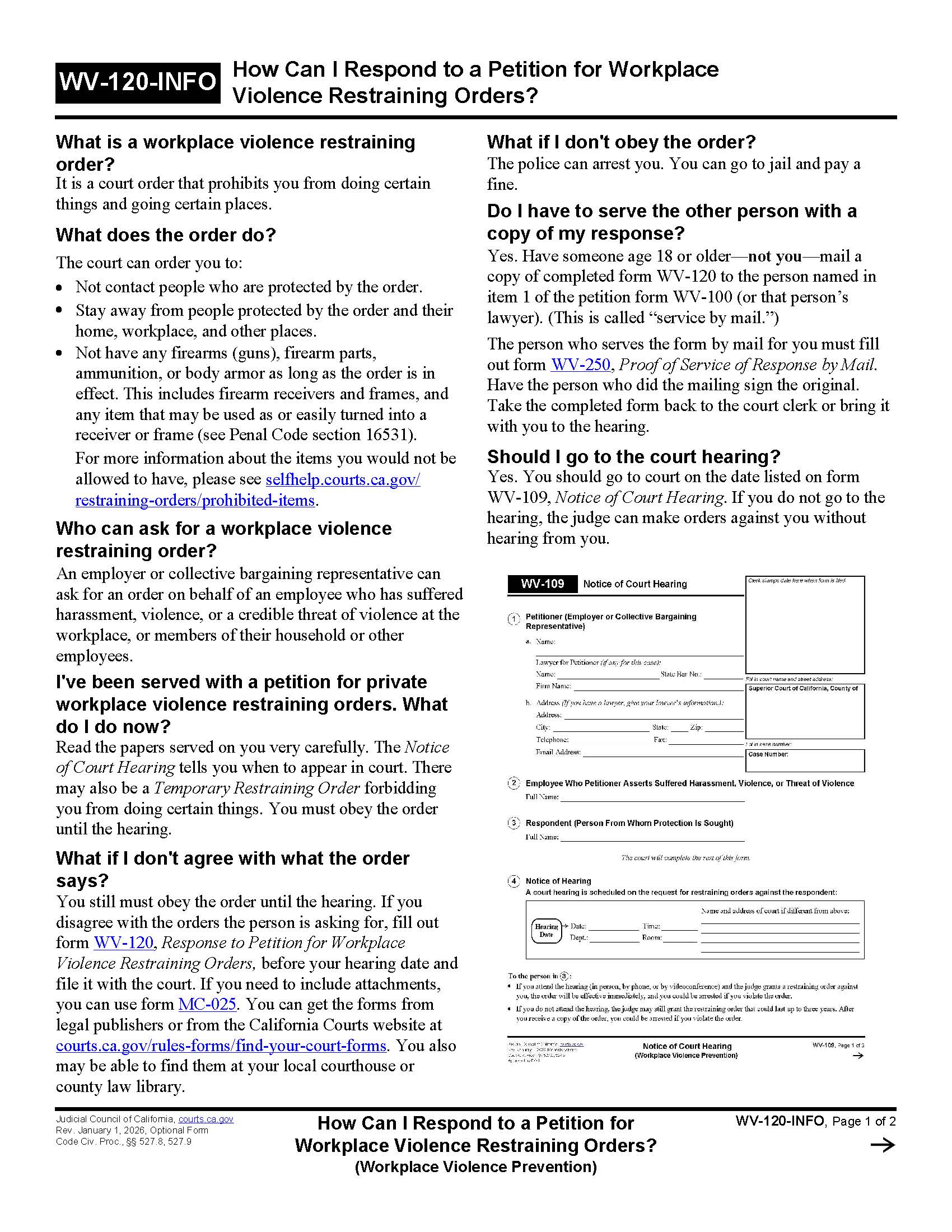 How Can I Respond To A Petition For Workplace Violence Restraining Orders {WV-120-INFO} | Pdf Fpdf Doc Docx | California