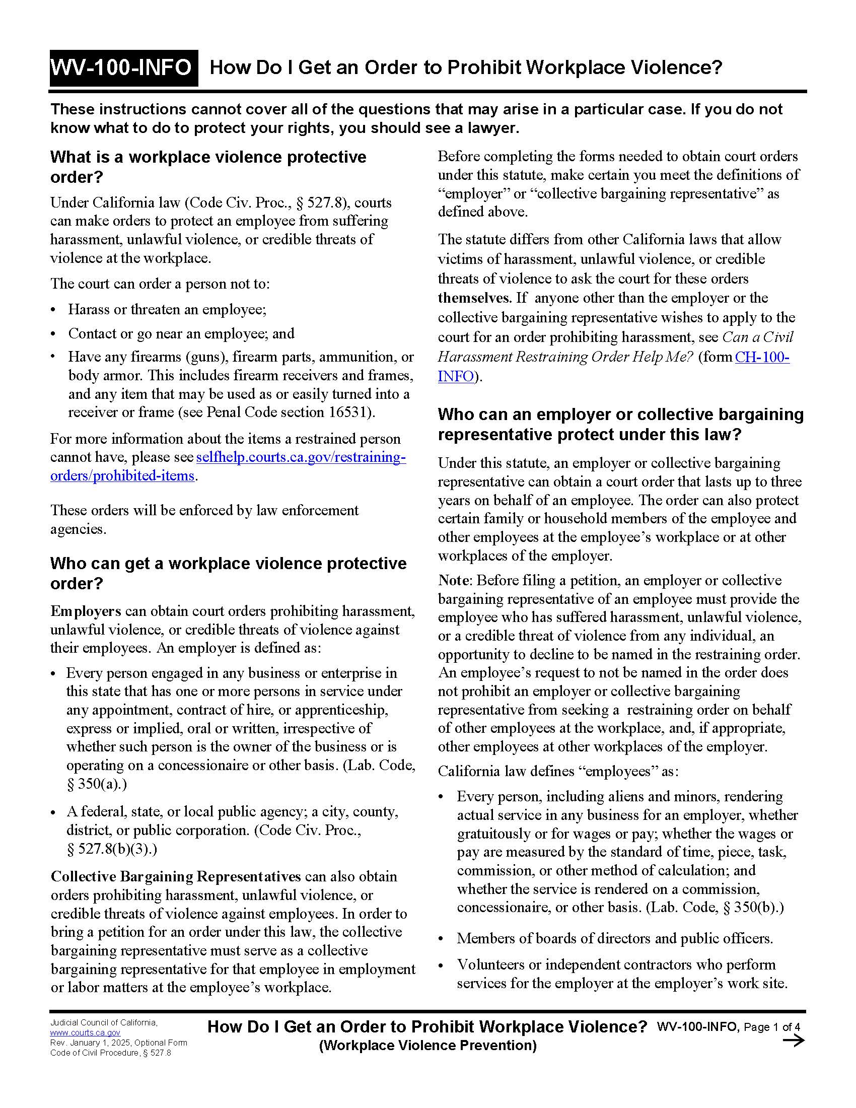 How Do I Get An Order To Prohibit Workplace Violence {WV-100-INFO} | Pdf Fpdf Doc Docx | California