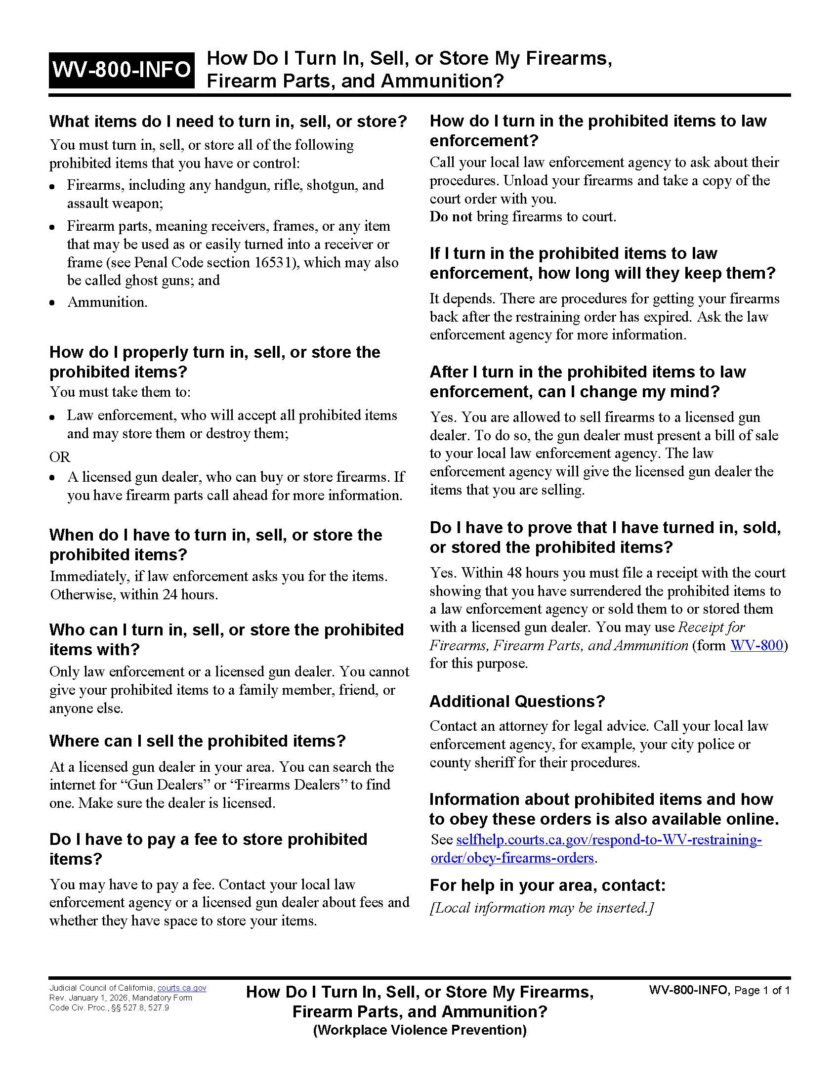 How Do I Turn In Sell Or Store My Firearms {WV-800-INFO} | Pdf Fpdf Doc Docx | California