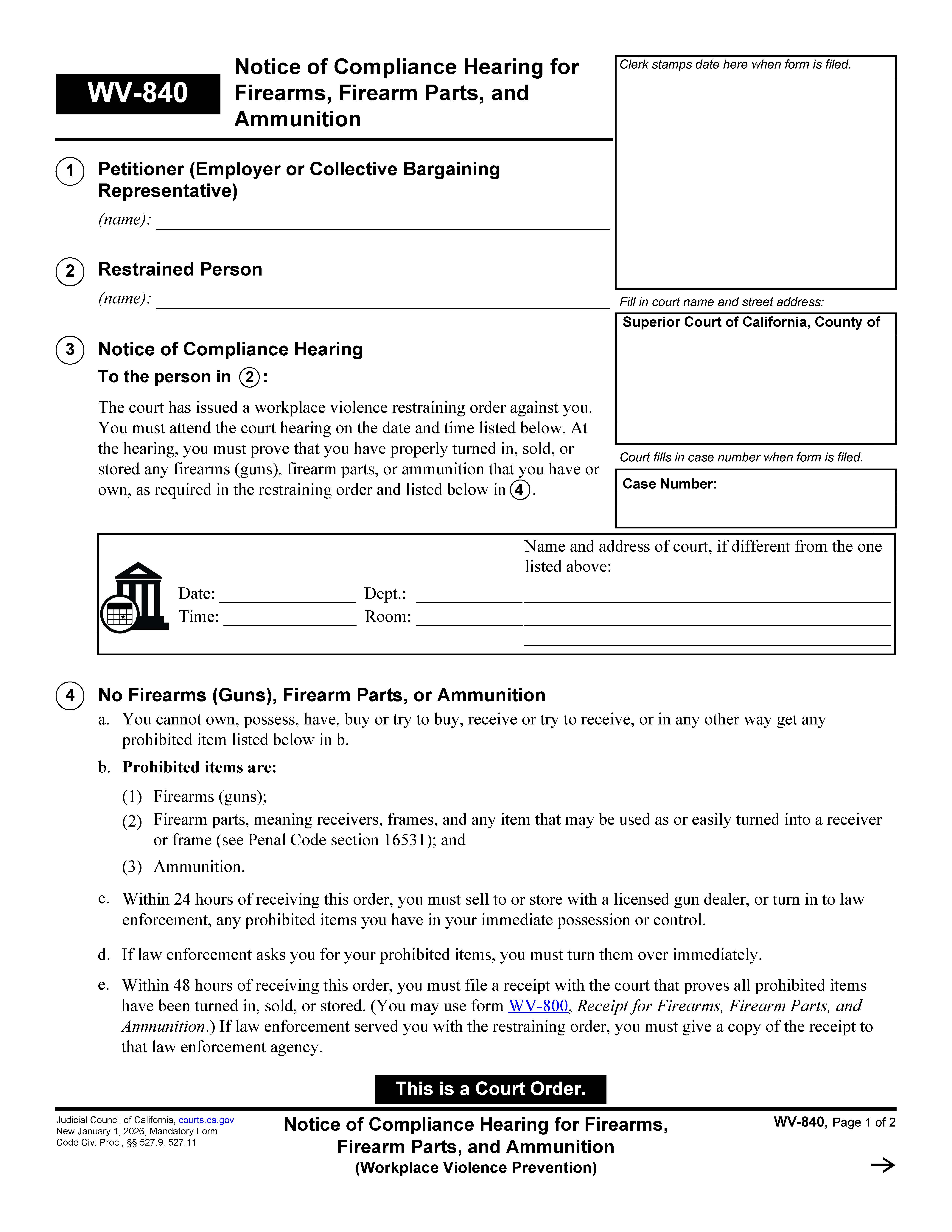 Notice Of Compliance Hearing For Firearms Firearm Parts And Ammunition {WV-840} | Pdf Fpdf Docx | California