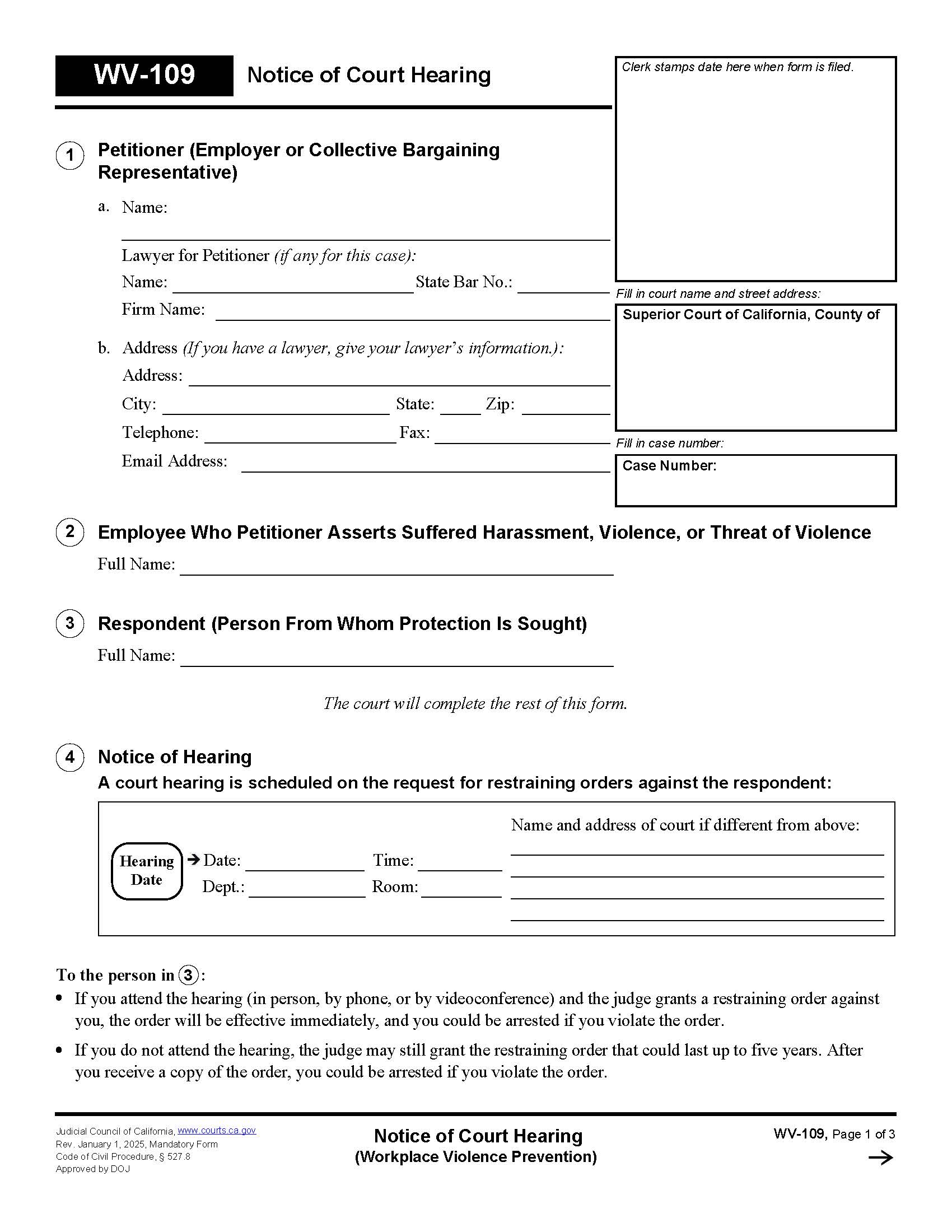 Notice Of Court Hearing (Workplace Violence Prevention) {WV-109} | Pdf Fpdf Doc Docx | California