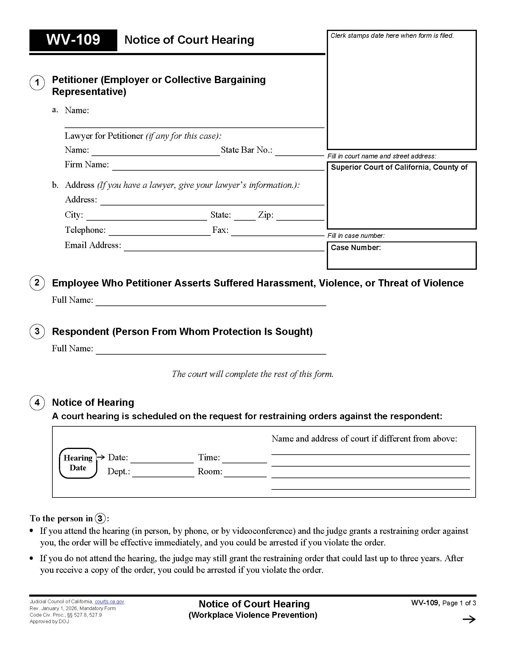 Notice Of Court Hearing (Workplace Violence Prevention) {WV-109} | Pdf Fpdf Doc Docx | California