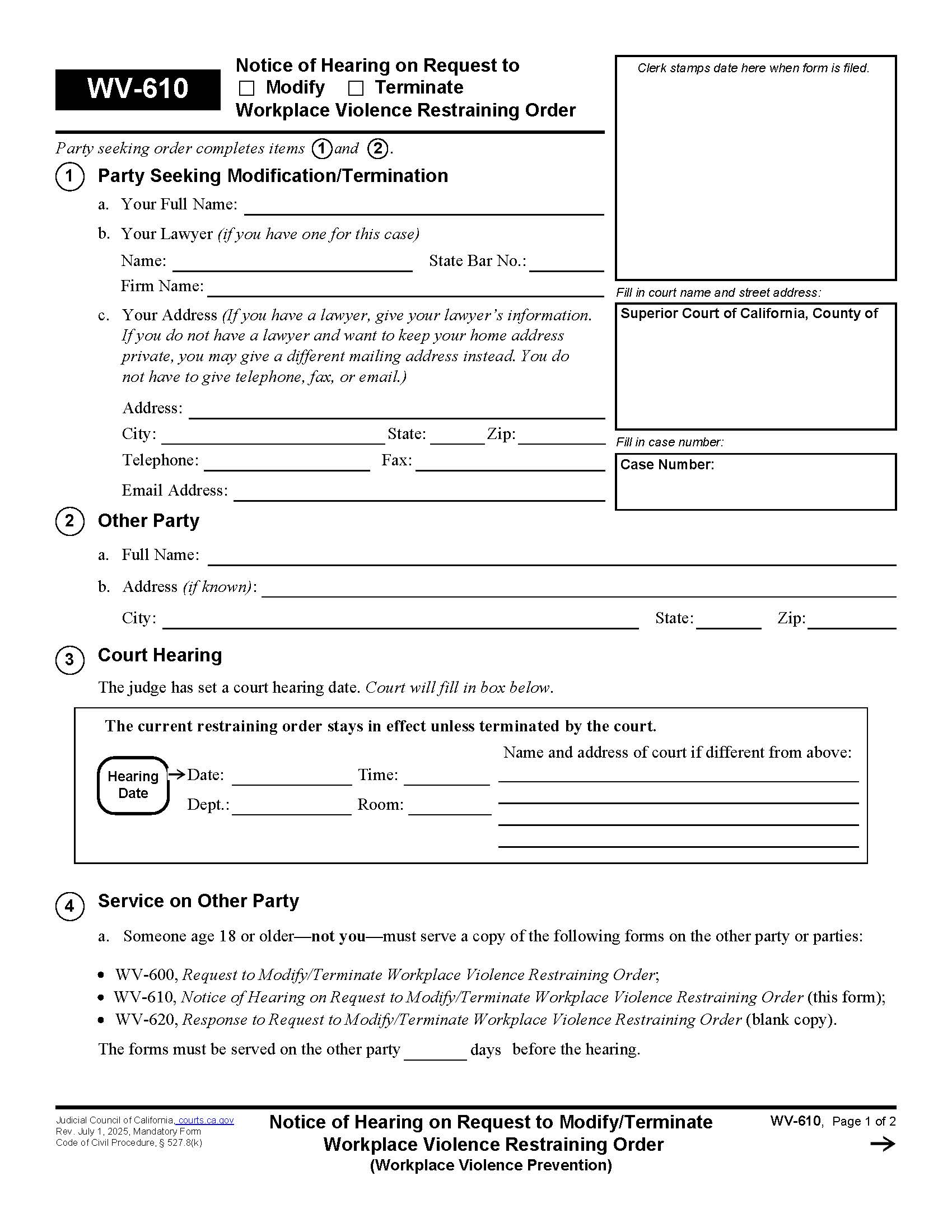 Notice Of Hearing On Request To Modify-Terminate Workplace Violence Restraining Order {WV-610} | Pdf Fpdf Docx | California