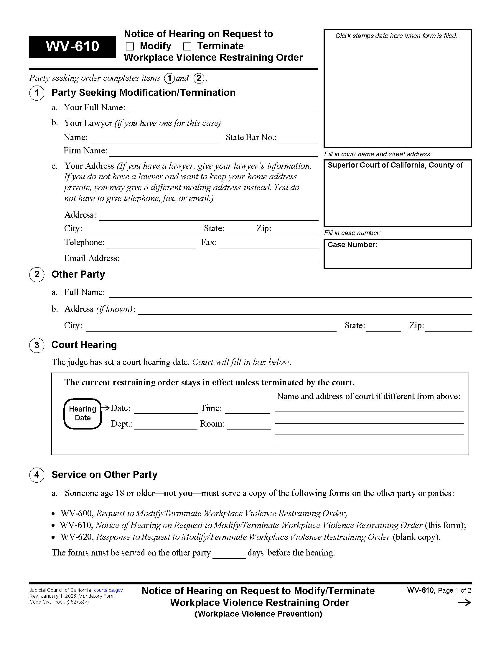 Notice Of Hearing On Request To Modify-Terminate Workplace Violence Restraining Order {WV-610} | Pdf Fpdf Docx | California