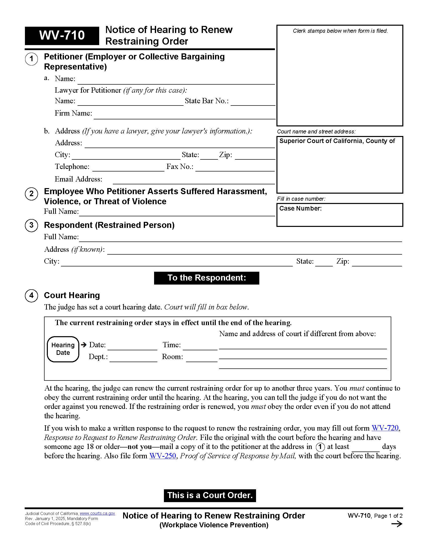 Notice Of Hearing To Renew Restraining Order {WV-710} | Pdf Fpdf Doc Docx | California
