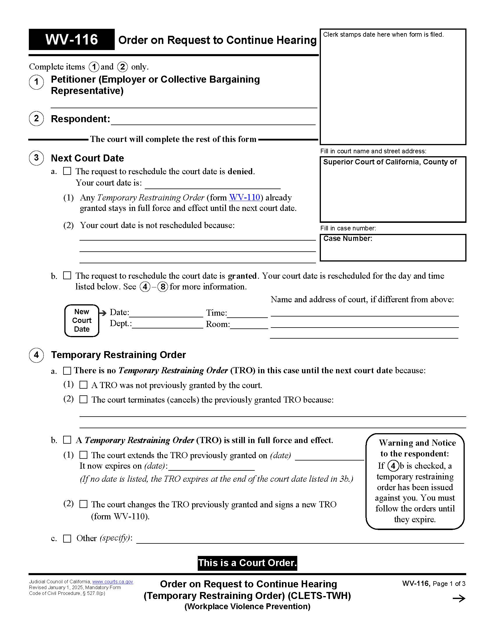 Order On Request To Continue Hearing (CLETS-TWH) {WV-116} | Pdf Fpdf Doc Docx | California