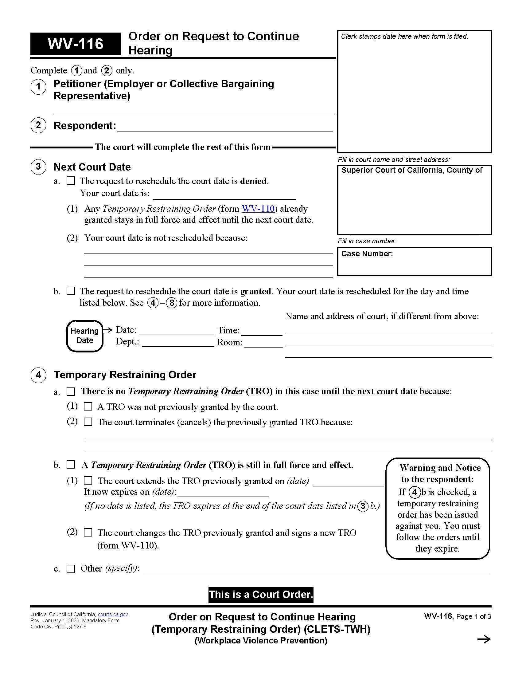 Order On Request To Continue Hearing (CLETS-TWH) {WV-116} | Pdf Fpdf Doc Docx | California