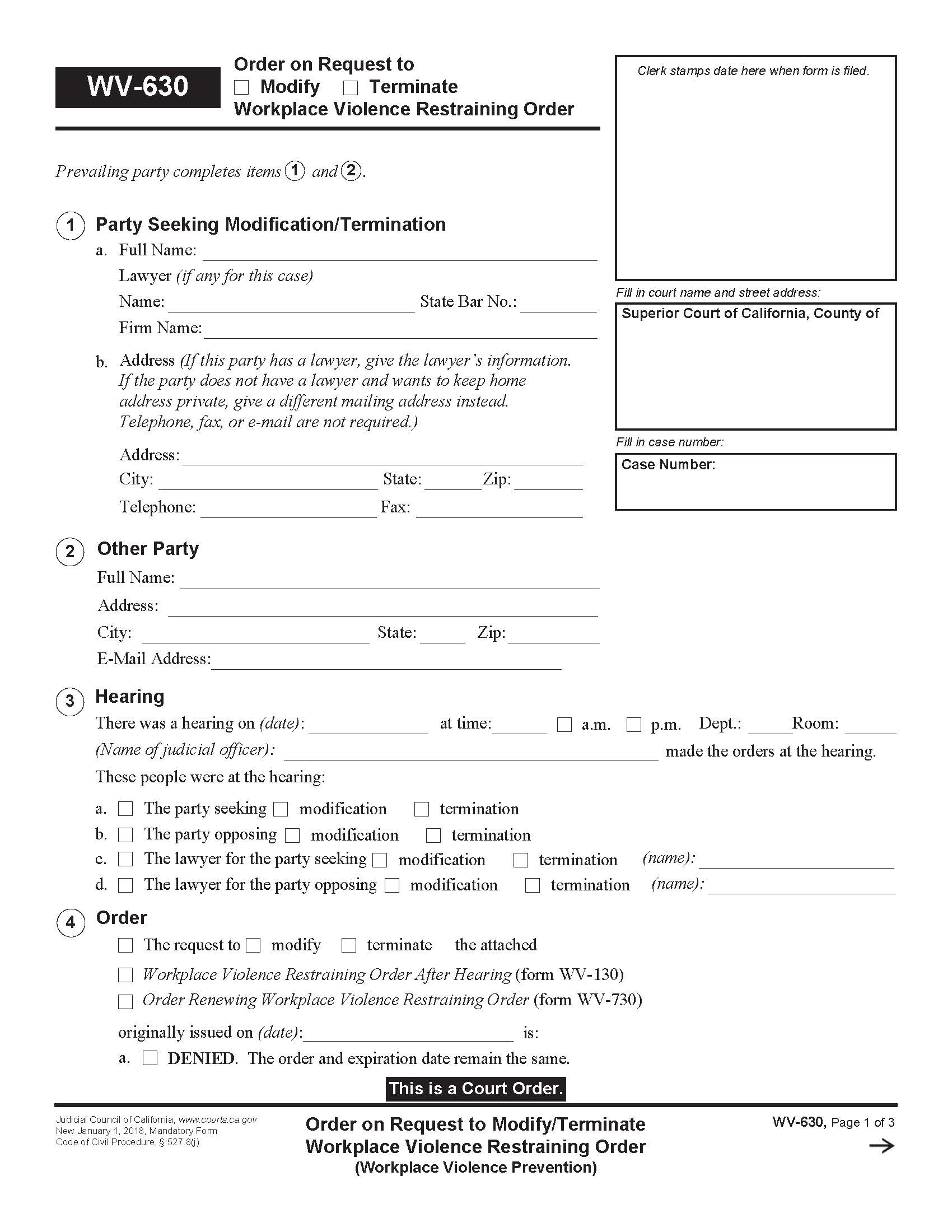 Order On Request To Modify-Terminate Workplace Violence Restraining Order {WV-630} | Pdf Fpdf Docx | California