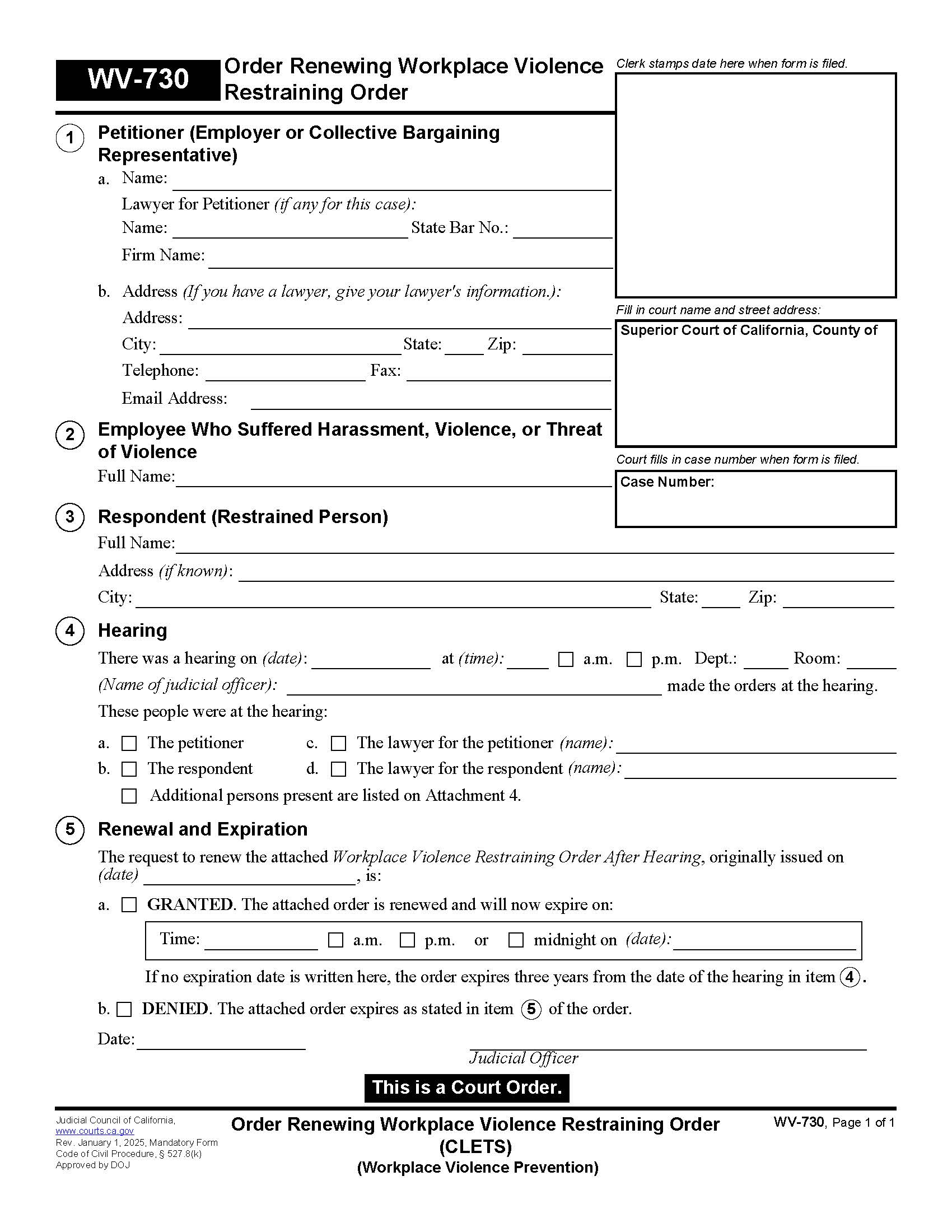 Order Renewing Workplace Violence Restraining Order {WV-730} | Pdf Fpdf Doc Docx | California