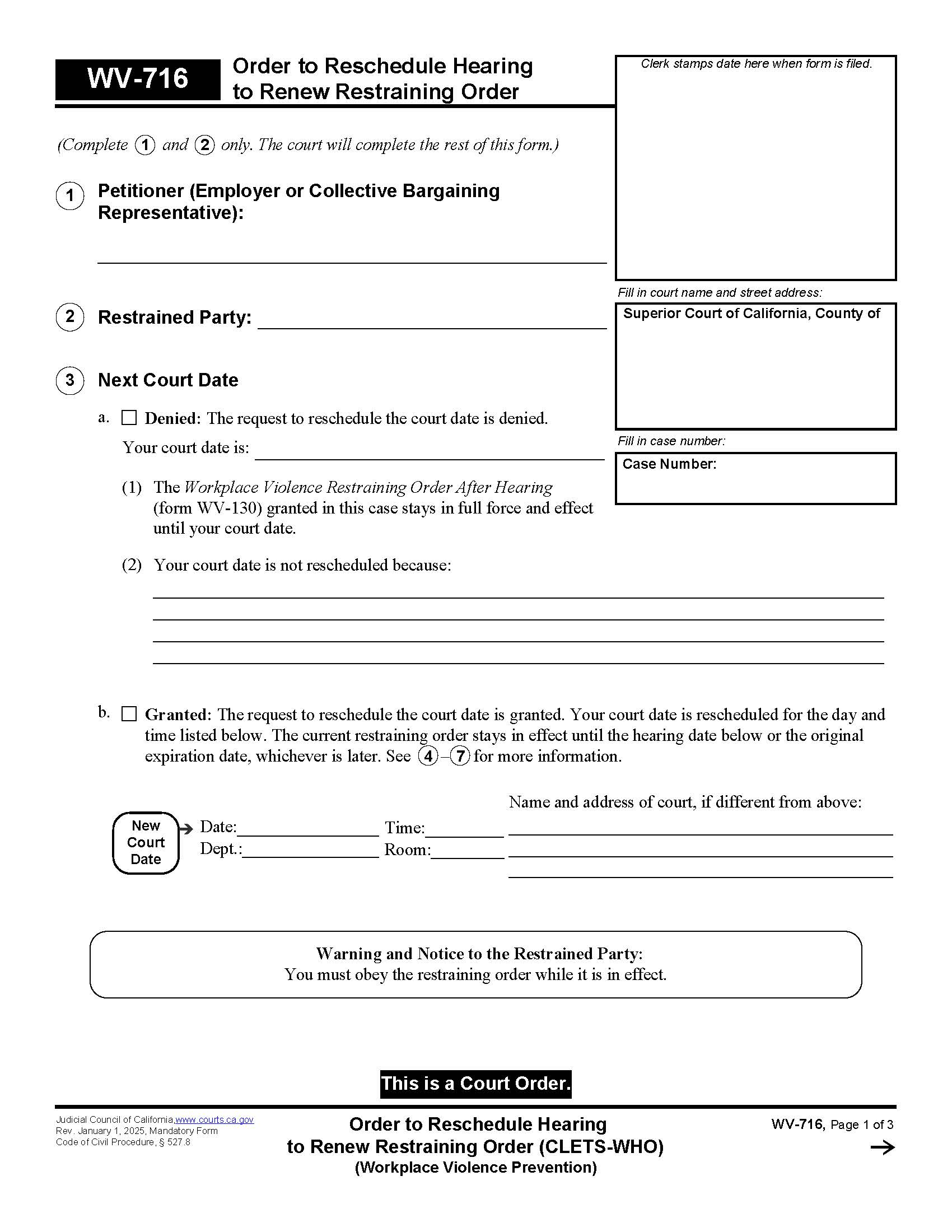 Order To Reschedule Hearing To Renew Restraining Order {WV-716} | Pdf Fpdf Docx | California