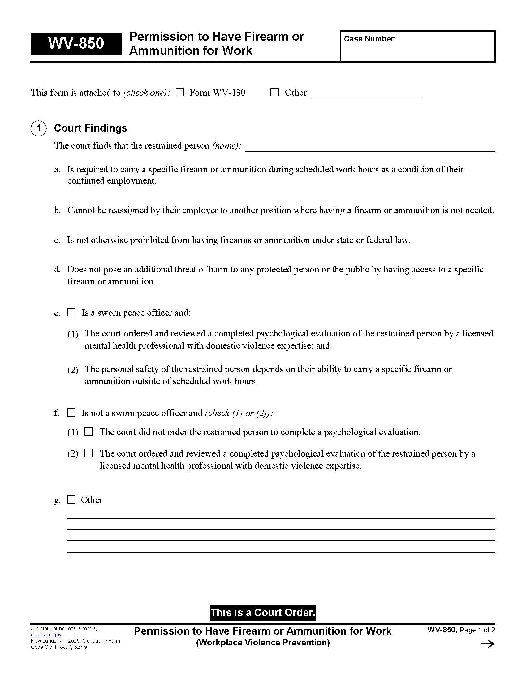 Permission To Have Firearm Or Ammunition For Work (Workplace Violence Prevention) {WV-850} | Pdf Fpdf Docx | California