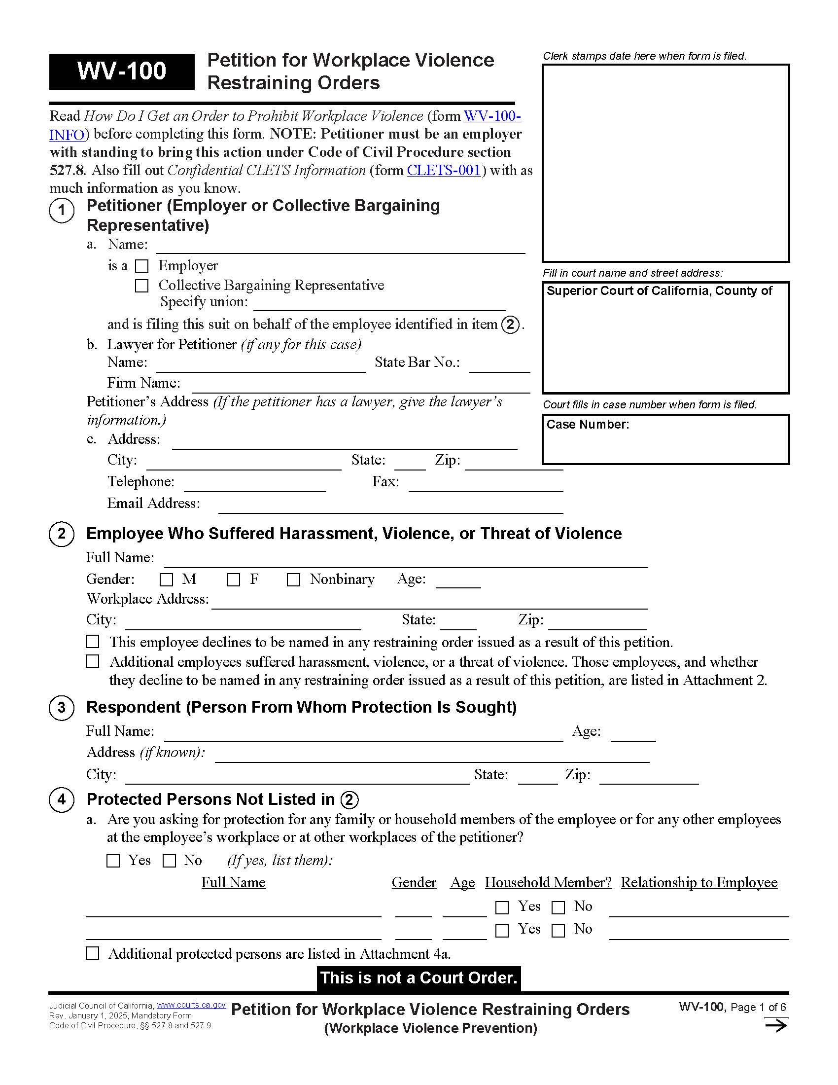 Petition For Workplace Violence Restraining Orders (Workplace Violence Prevention) {WV-100} | Pdf Fpdf Docx | California