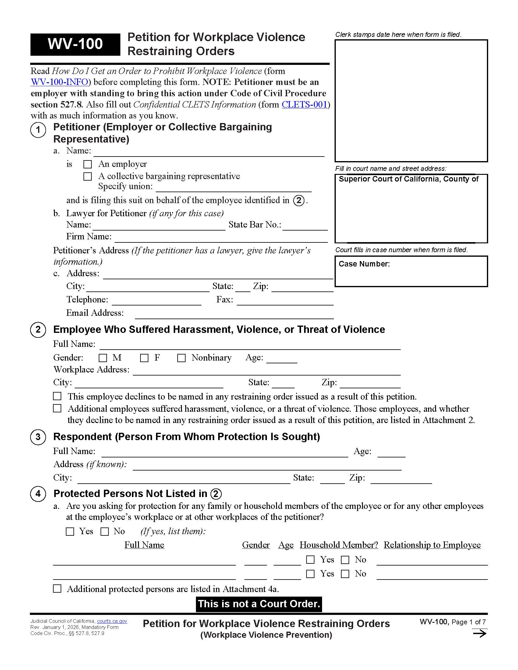 Petition For Workplace Violence Restraining Orders (Workplace Violence Prevention) {WV-100} | Pdf Fpdf Docx | California
