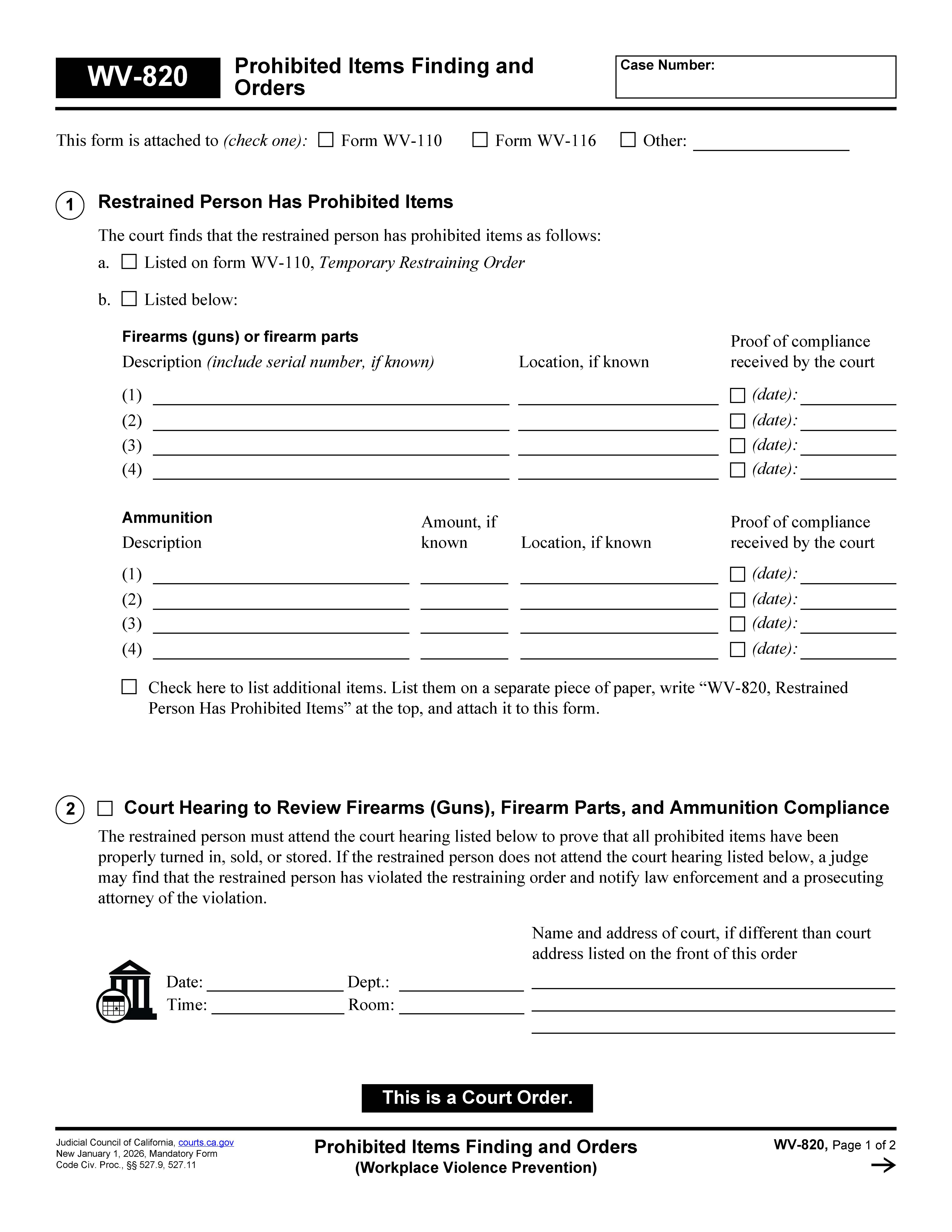 Prohibited Items Finding And Orders (Workplace Violence Prevention) {WV-820} | Pdf Fpdf Docx | California