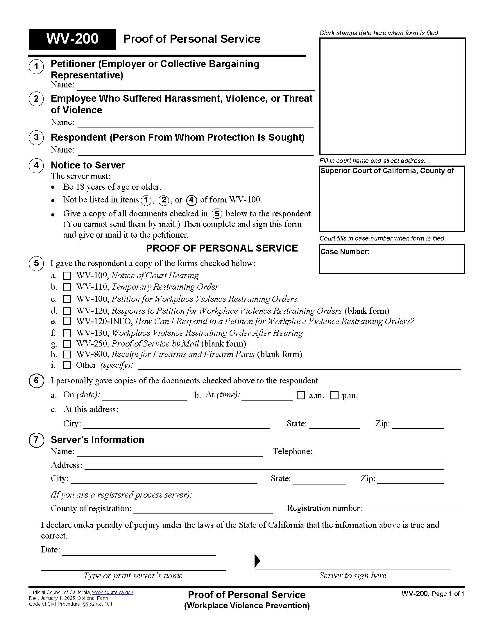 Proof Of Personal Service (Workplace Violence Prevention) {WV-200} | Pdf Fpdf Doc Docx | California