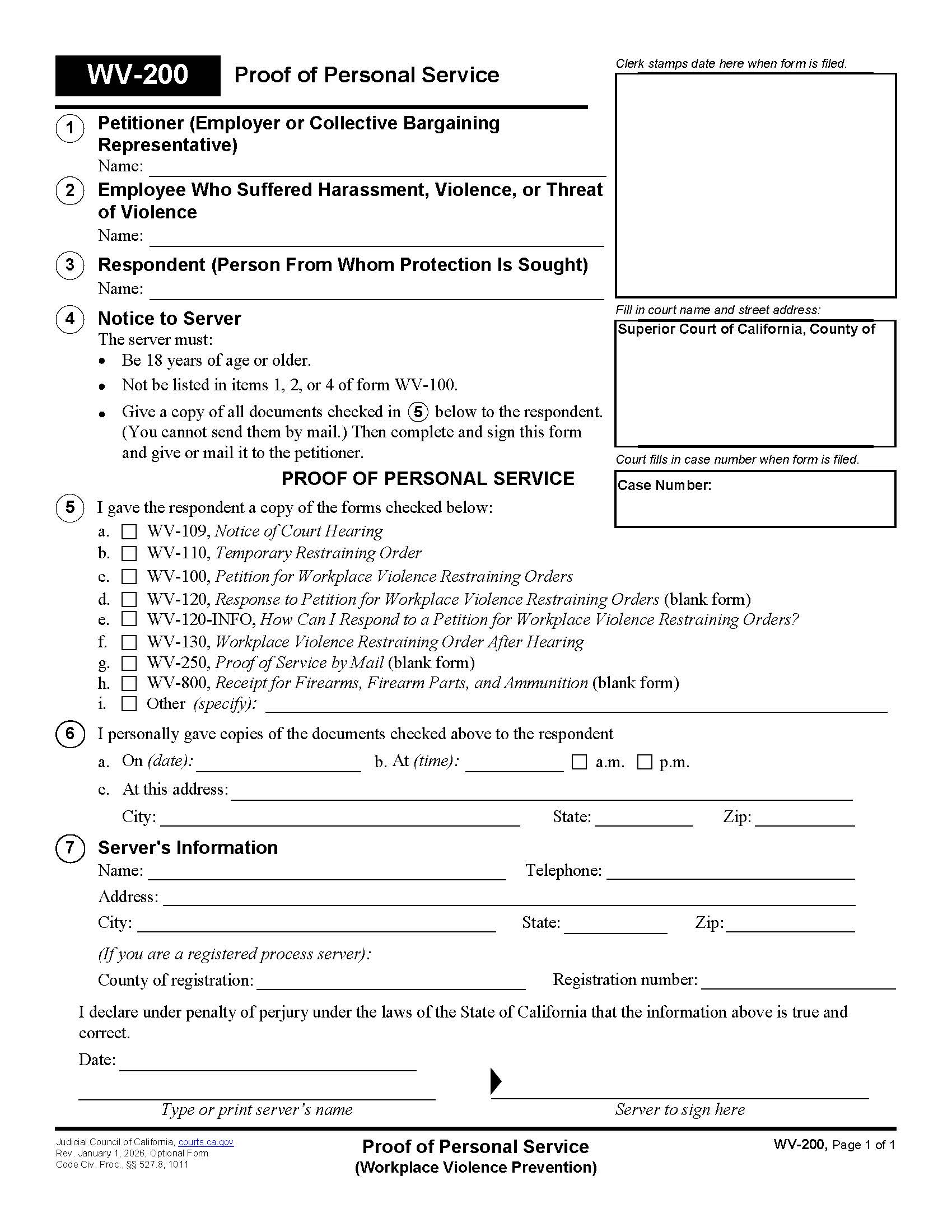 Proof Of Personal Service (Workplace Violence Prevention) {WV-200} | Pdf Fpdf Doc Docx | California