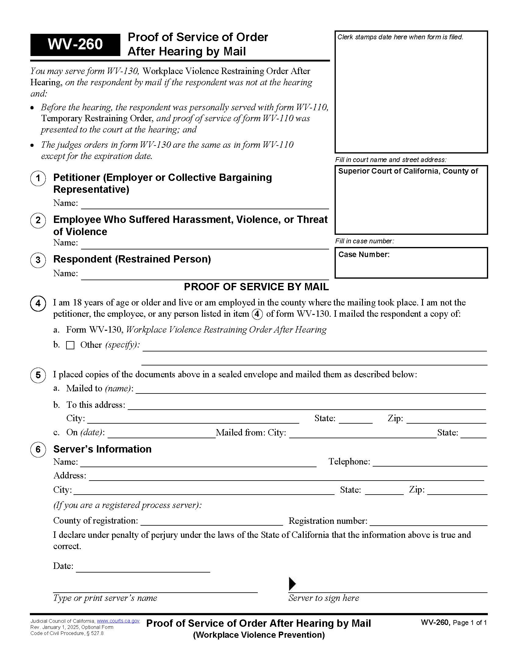 Proof Of Service Of Order After Hearing By Mail {WV-260} | Pdf Fpdf Doc Docx | California