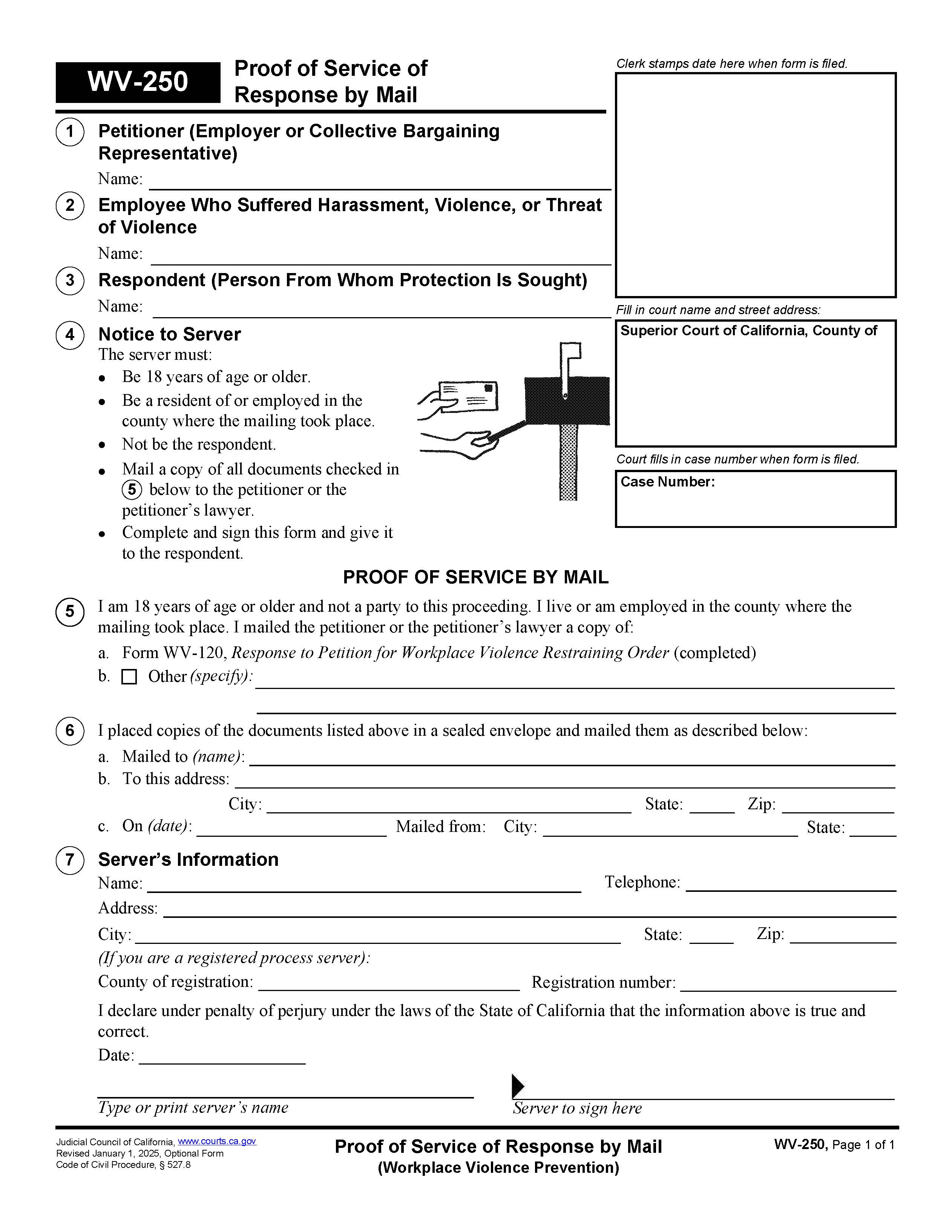 Proof Of Service Of Response By Mail (Workplace Violence Prevention) {WV-250} | Pdf Fpdf Doc Docx | California