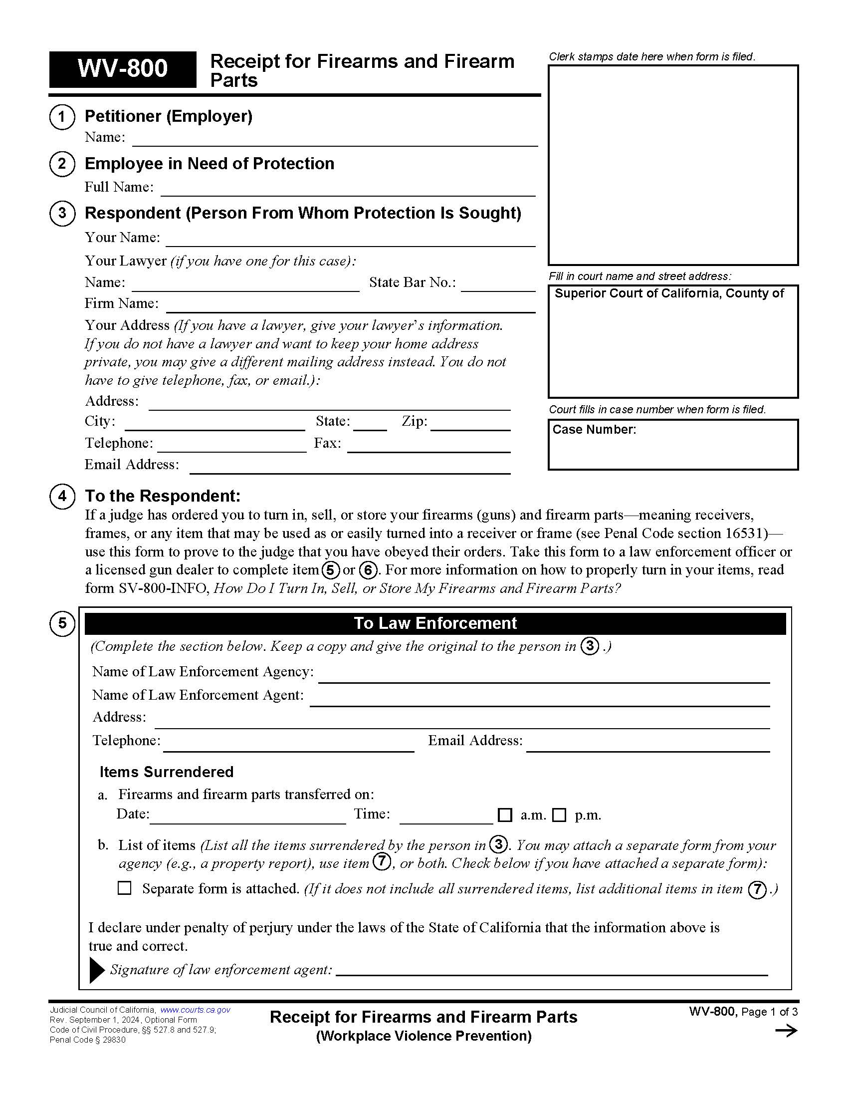 Receipt For Firearms And Firearm Parts (Workplace Violence Prevention) {WV-800} | Pdf Fpdf Doc Docx | California