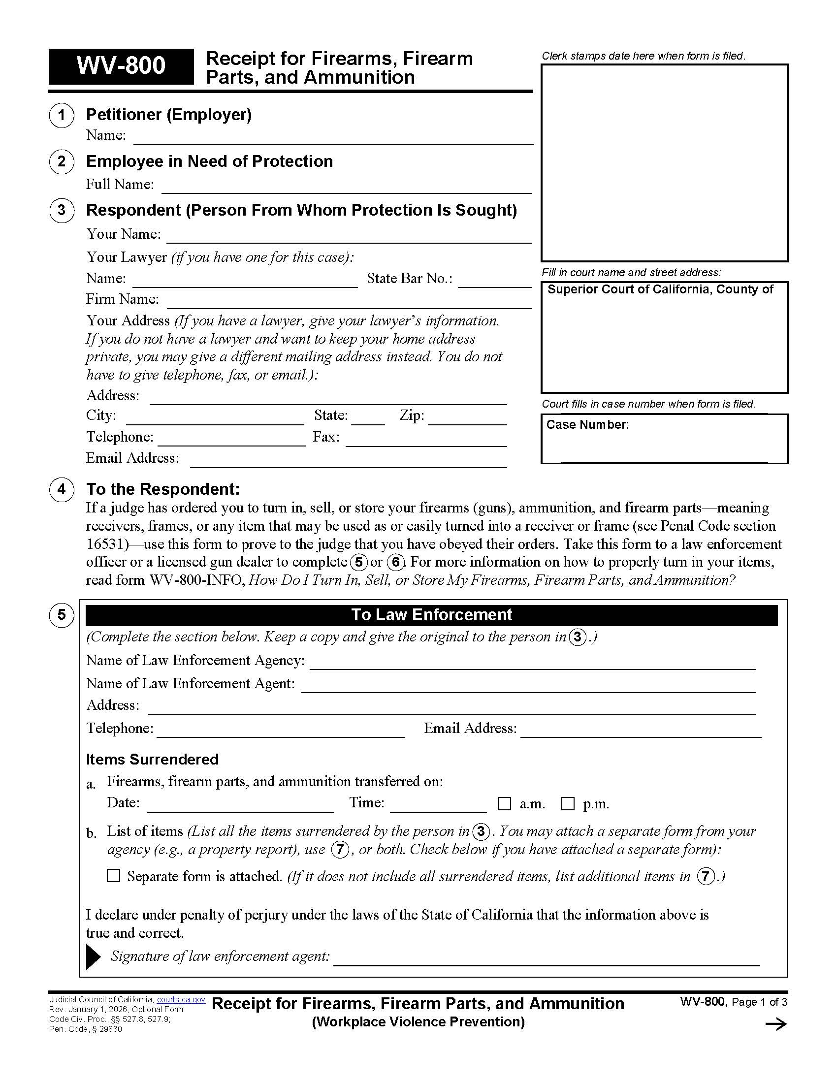 Receipt For Firearms And Firearm Parts (Workplace Violence Prevention) {WV-800} | Pdf Fpdf Doc Docx | California