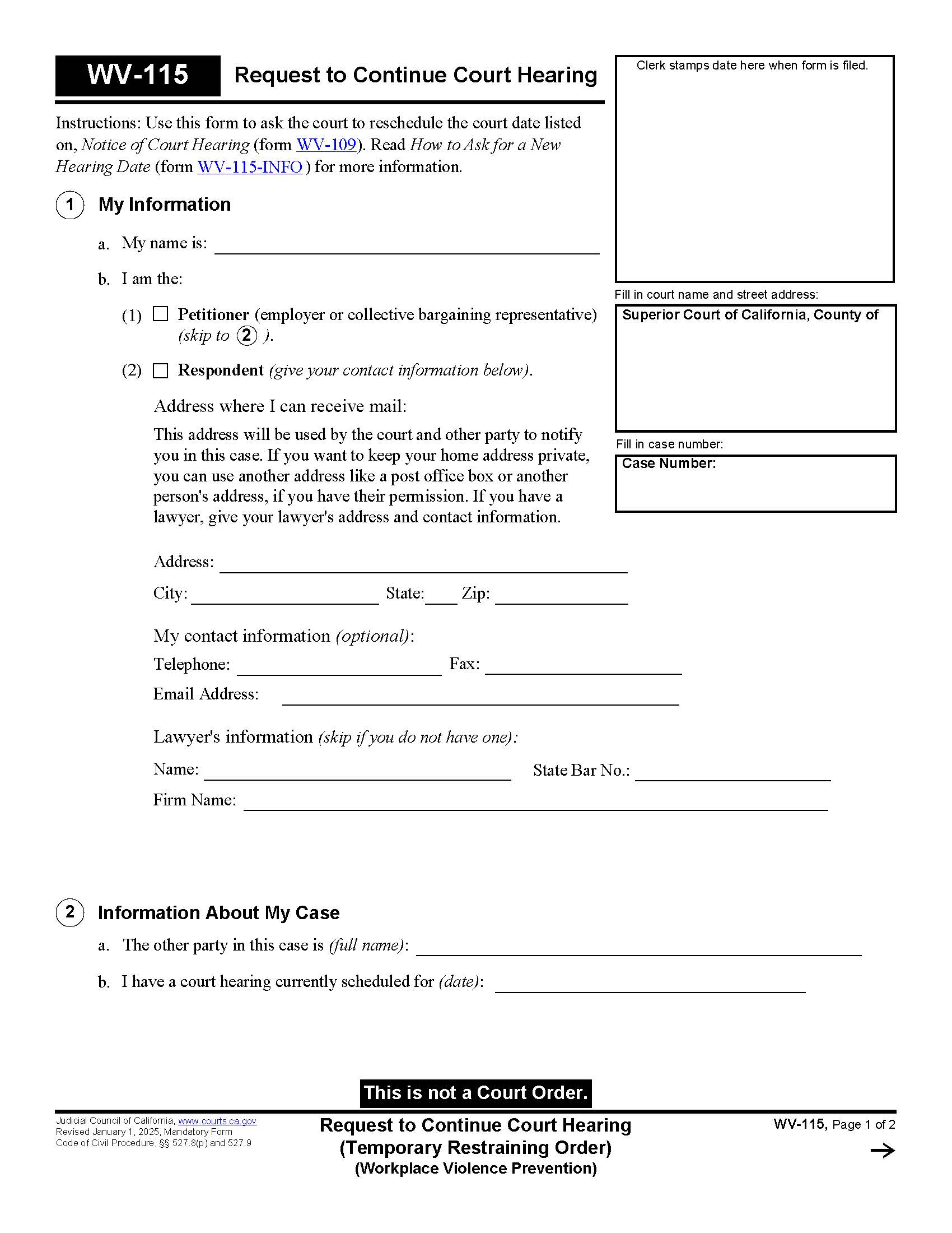 Request To Continue Court Hearing (Temporary Restraining Order) {WV-115} | Pdf Fpdf Doc Docx | California