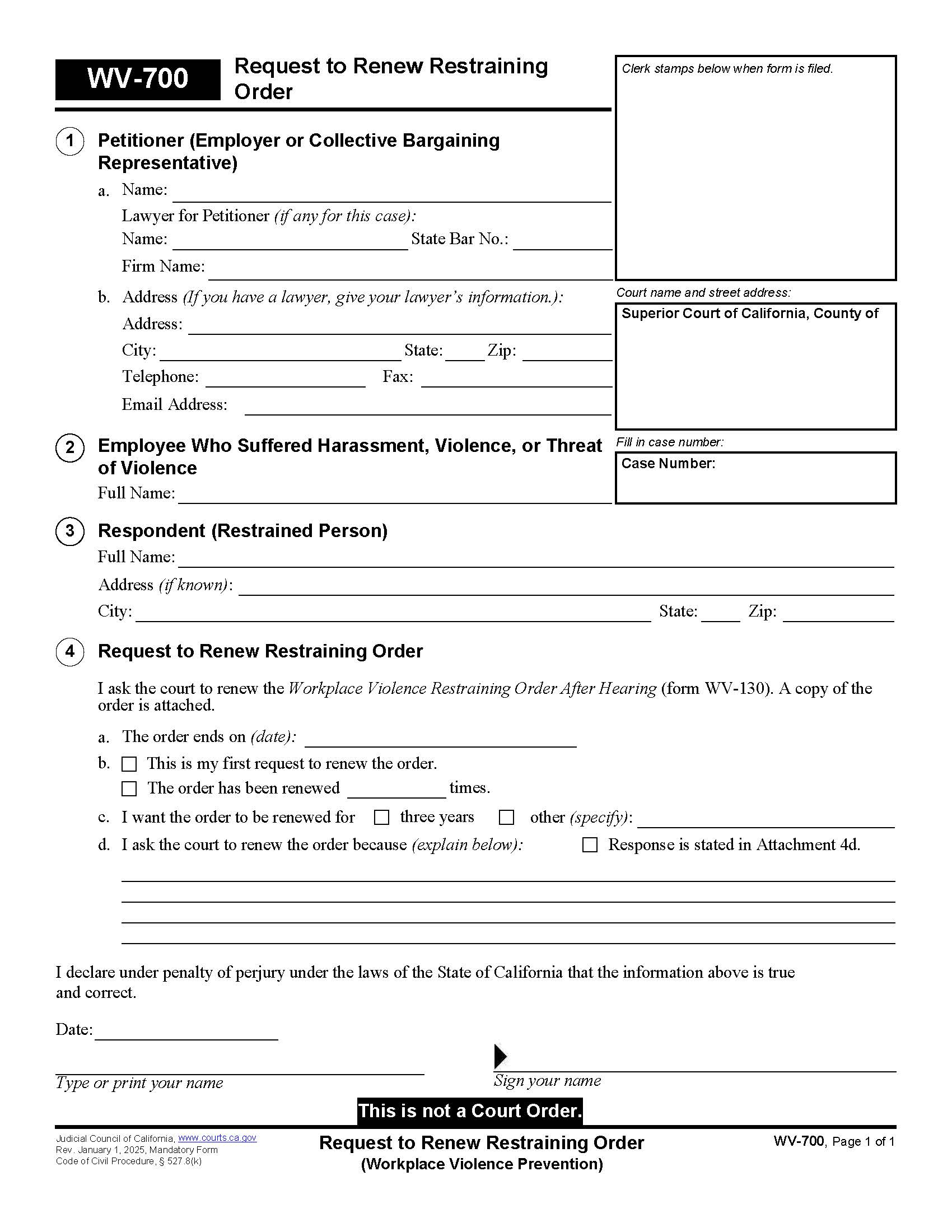 Request To Renew Restraining Order {WV-700} | Pdf Fpdf Doc Docx | California