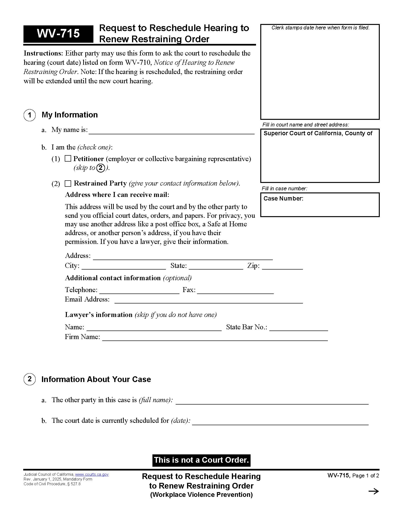 Request To Reschedule Hearing To Renew Restraining Order {WV-715} | Pdf Fpdf Docx | California