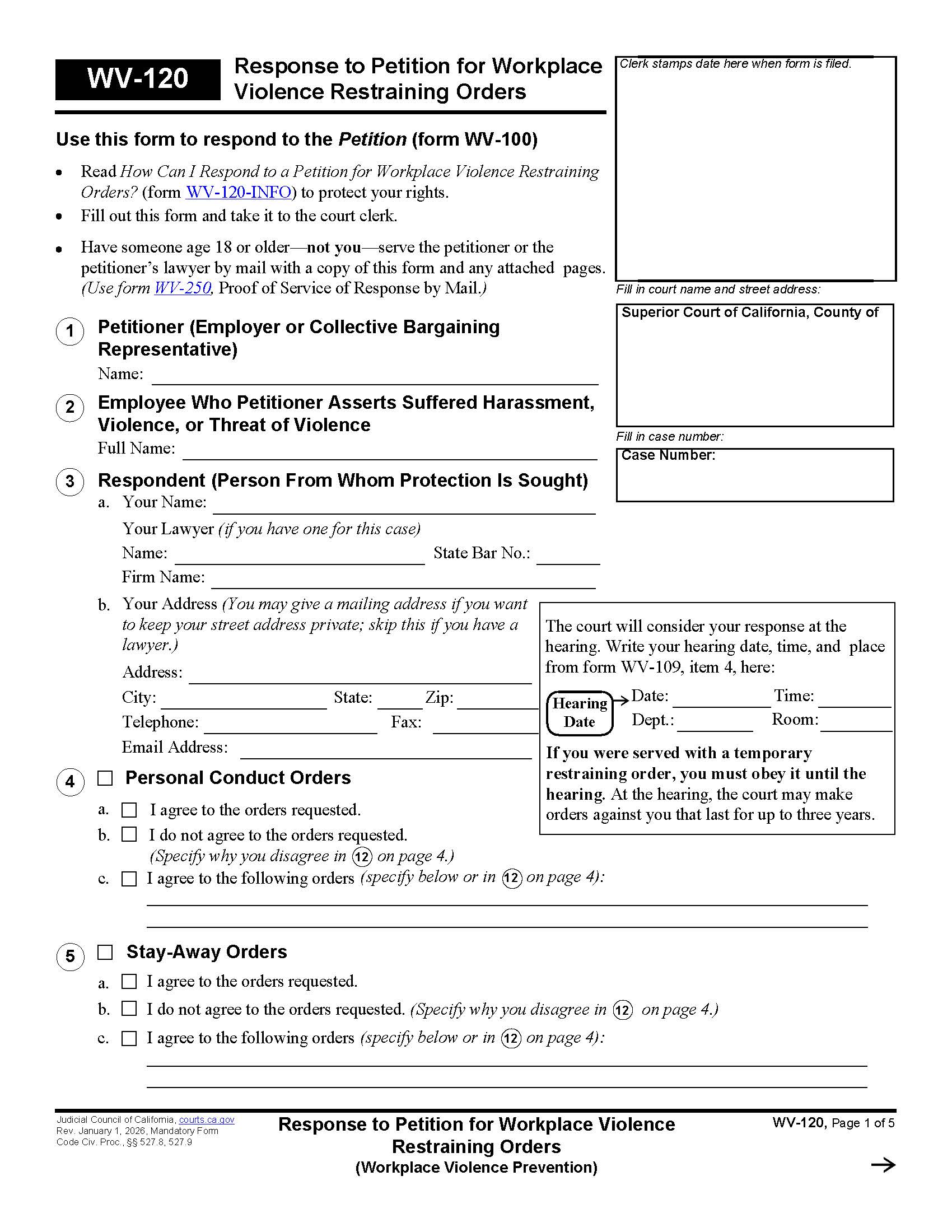 Response To Petition For Workplace Violence Restraining Orders (Workplace Violence Prevention) {WV-120} | Pdf Fpdf Docx | California