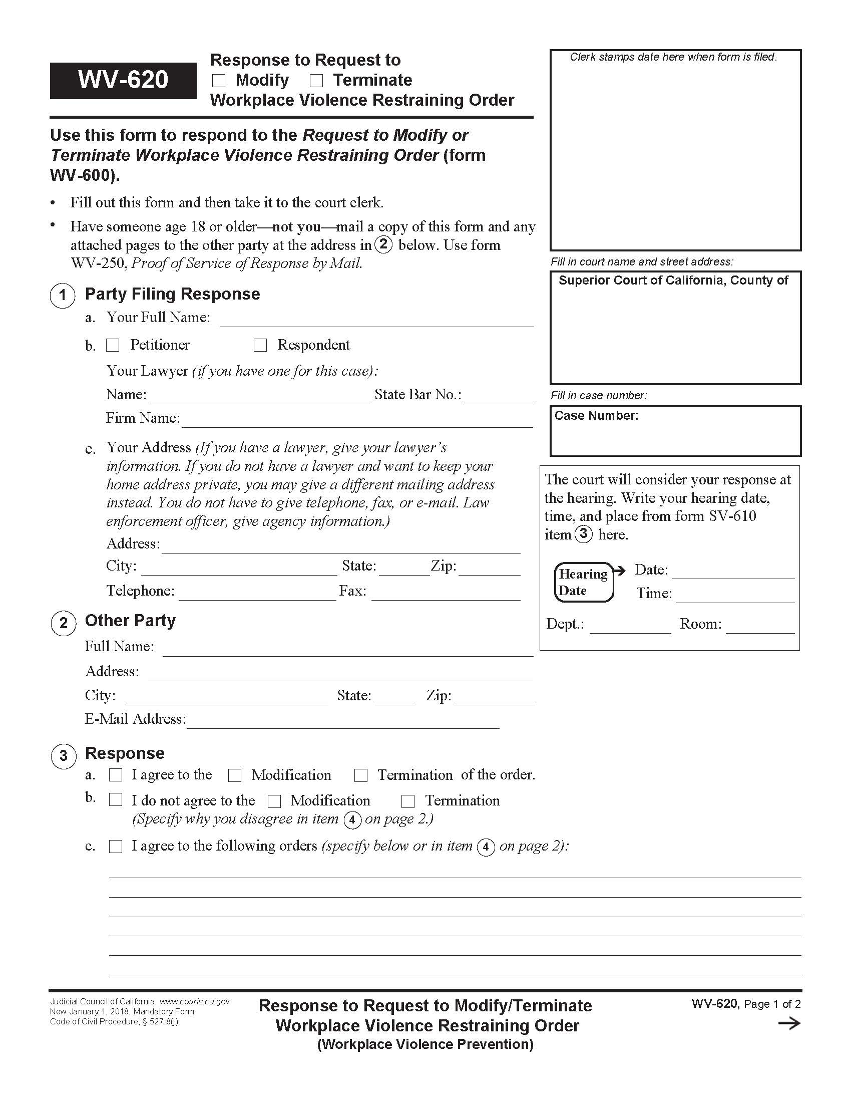 Response To Request To Modify-Terminate Workplace Violence Restraining Order {WV-620} | Pdf Fpdf Docx | California