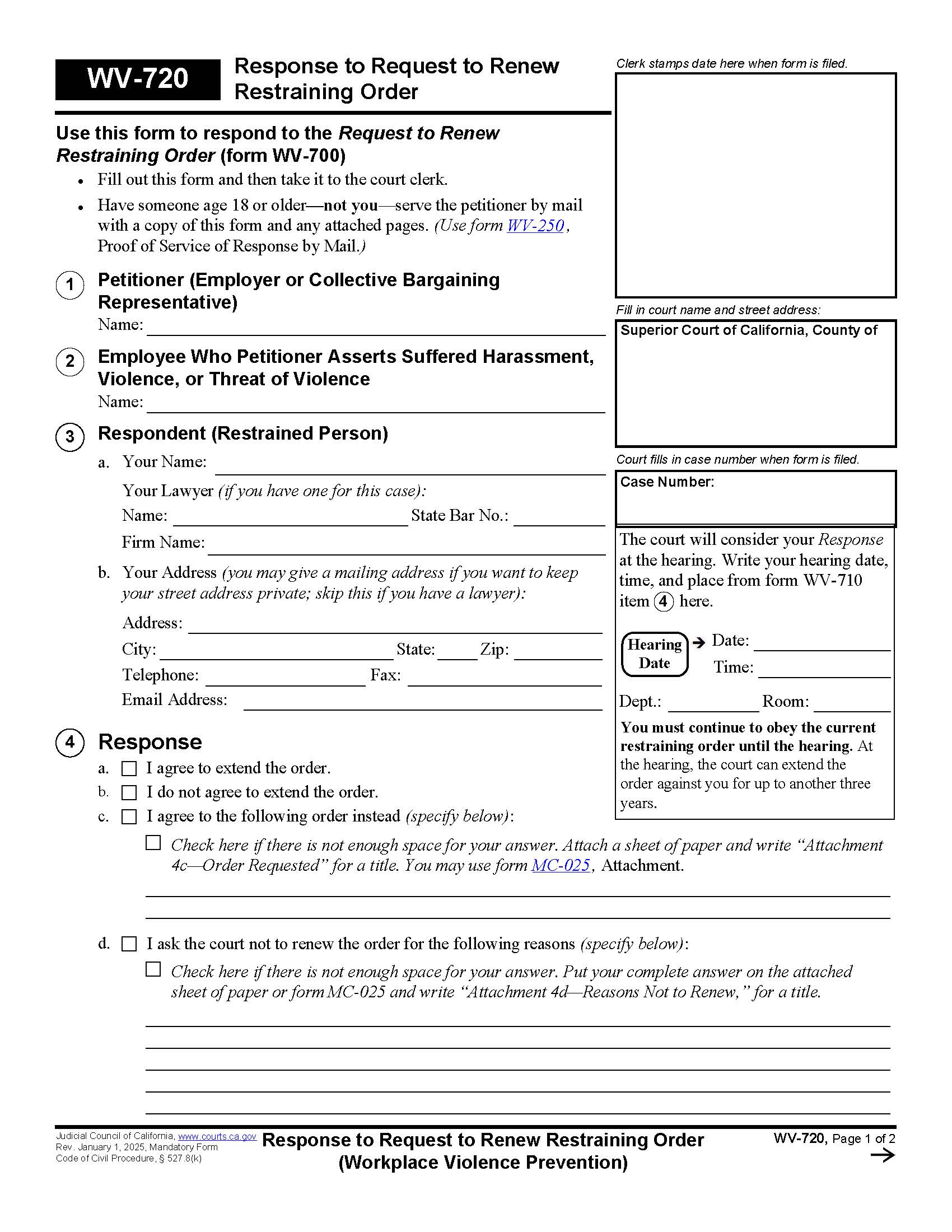 Response To Request To Renew Restraining Order {WV-720} | Pdf Fpdf Doc Docx | California