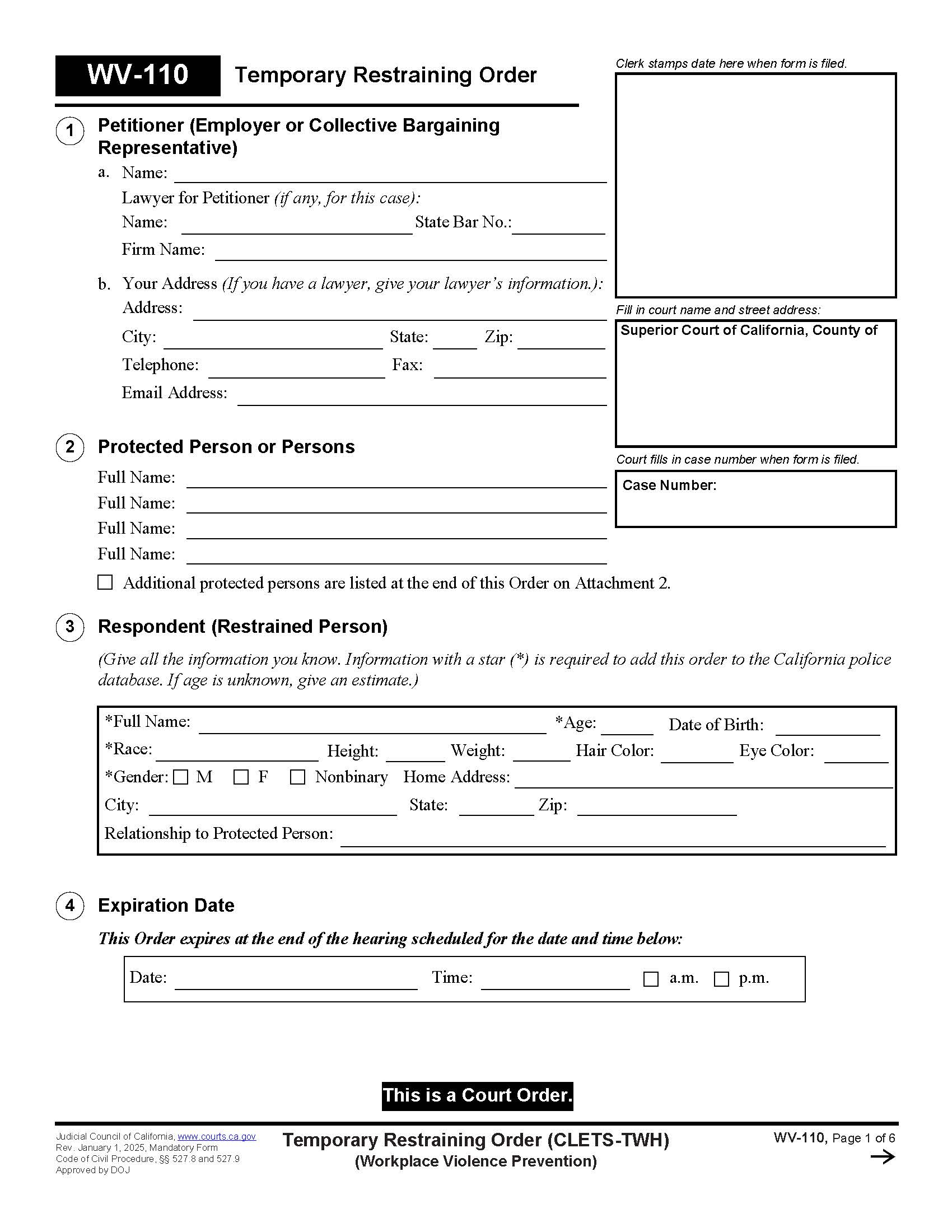 Temporary Restraining Order (CLETS-TWH) {WV-110} | Pdf Fpdf Docx | California