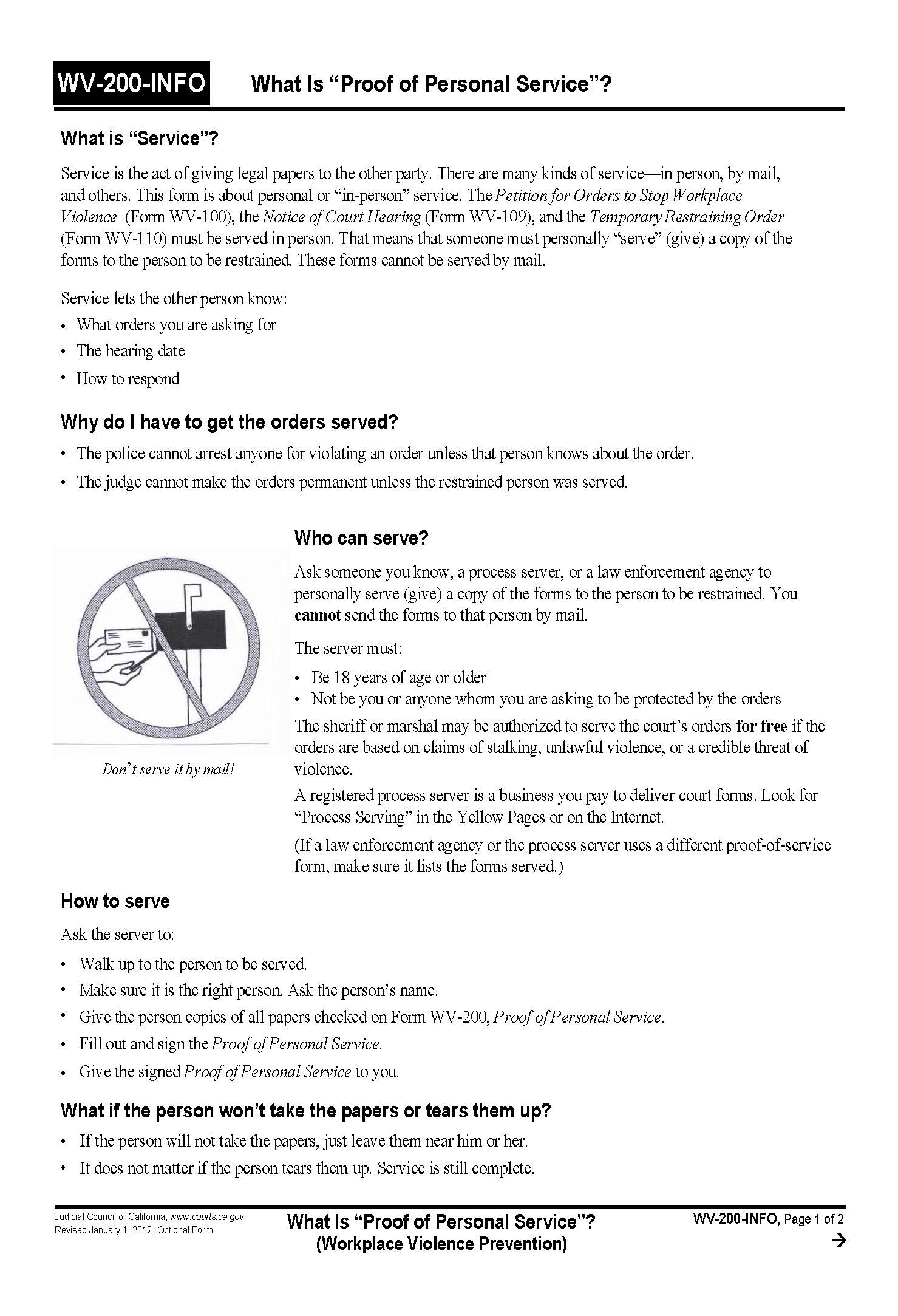 What Is Proof Of Personal Service (Workplace Violence Prevention) {WV-200-INFO} | Pdf Fpdf Doc Docx | California