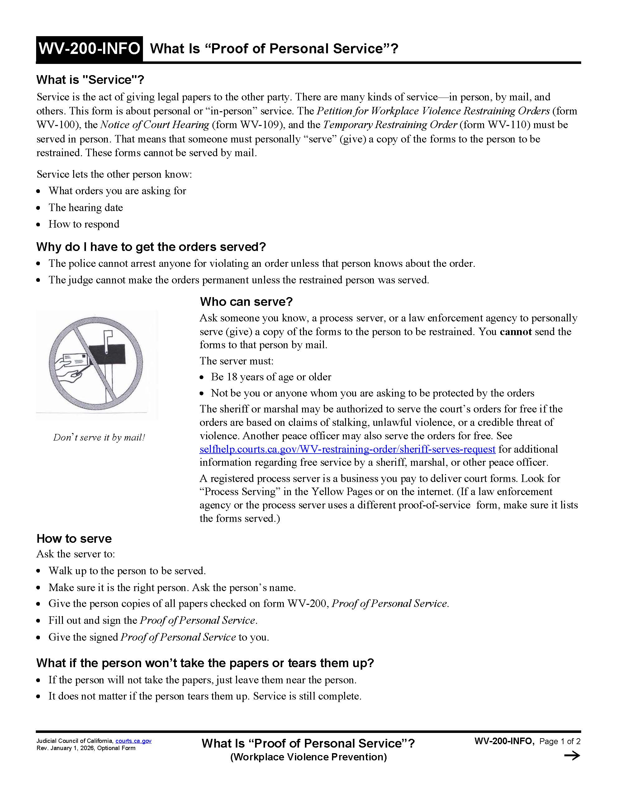 What Is Proof Of Personal Service (Workplace Violence Prevention) {WV-200-INFO} | Pdf Fpdf Doc Docx | California