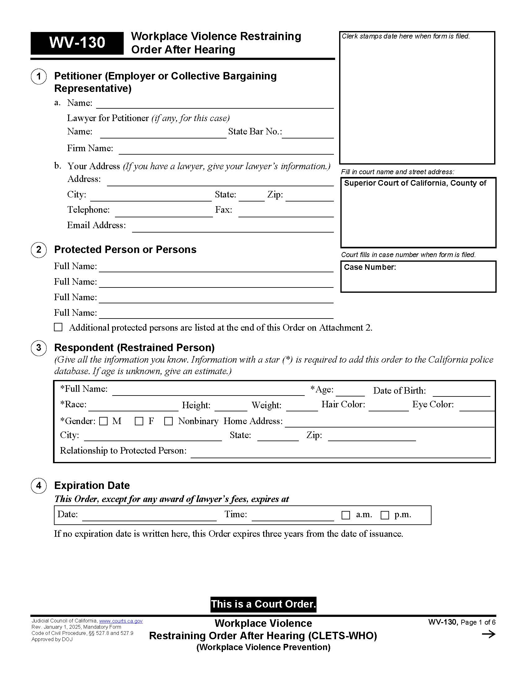 Workplace Violence Restraining Order After Hearing (CLETS-WHO) {WV-130} | Pdf Fpdf Docx | California