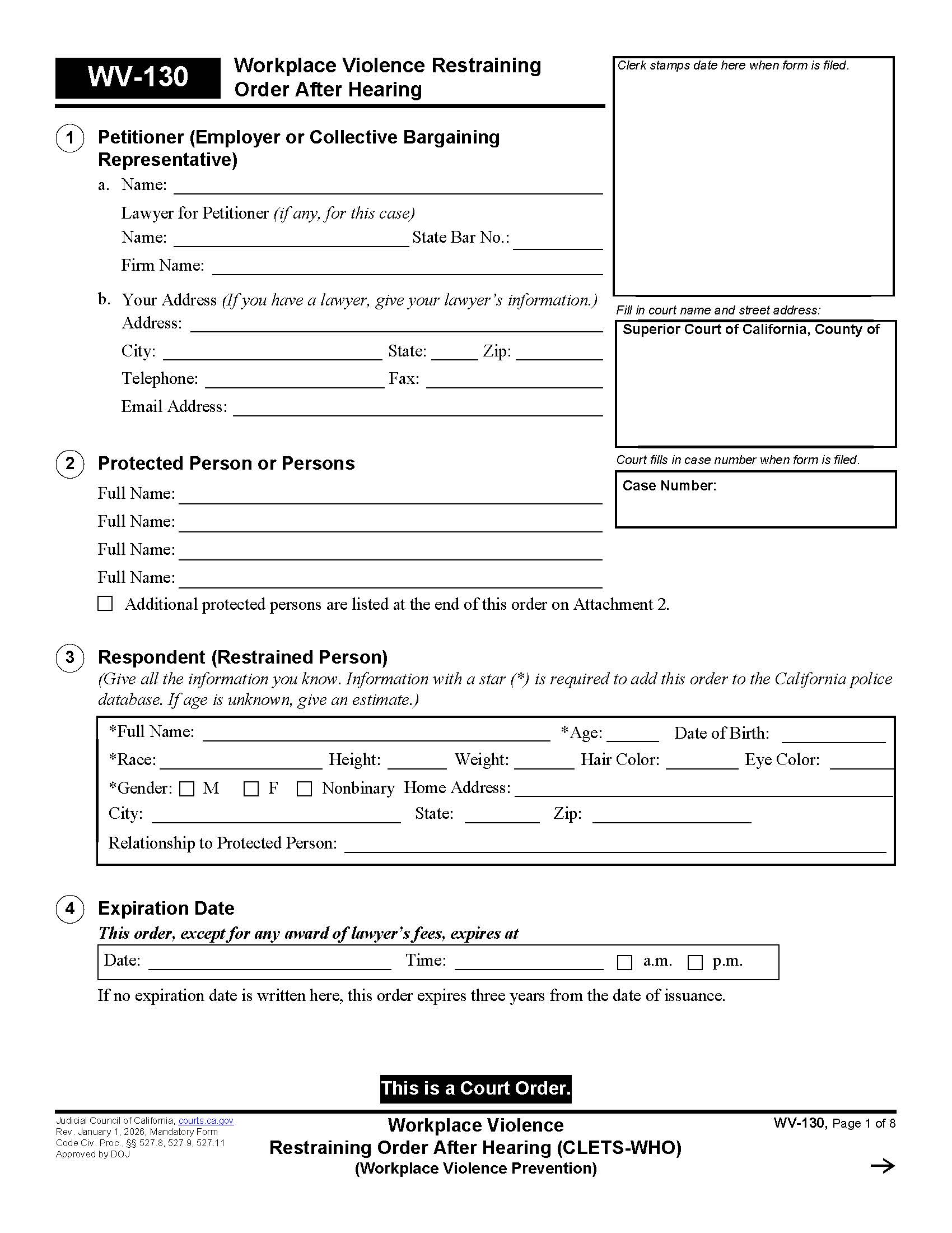 Workplace Violence Restraining Order After Hearing (CLETS-WHO) {WV-130} | Pdf Fpdf Docx | California